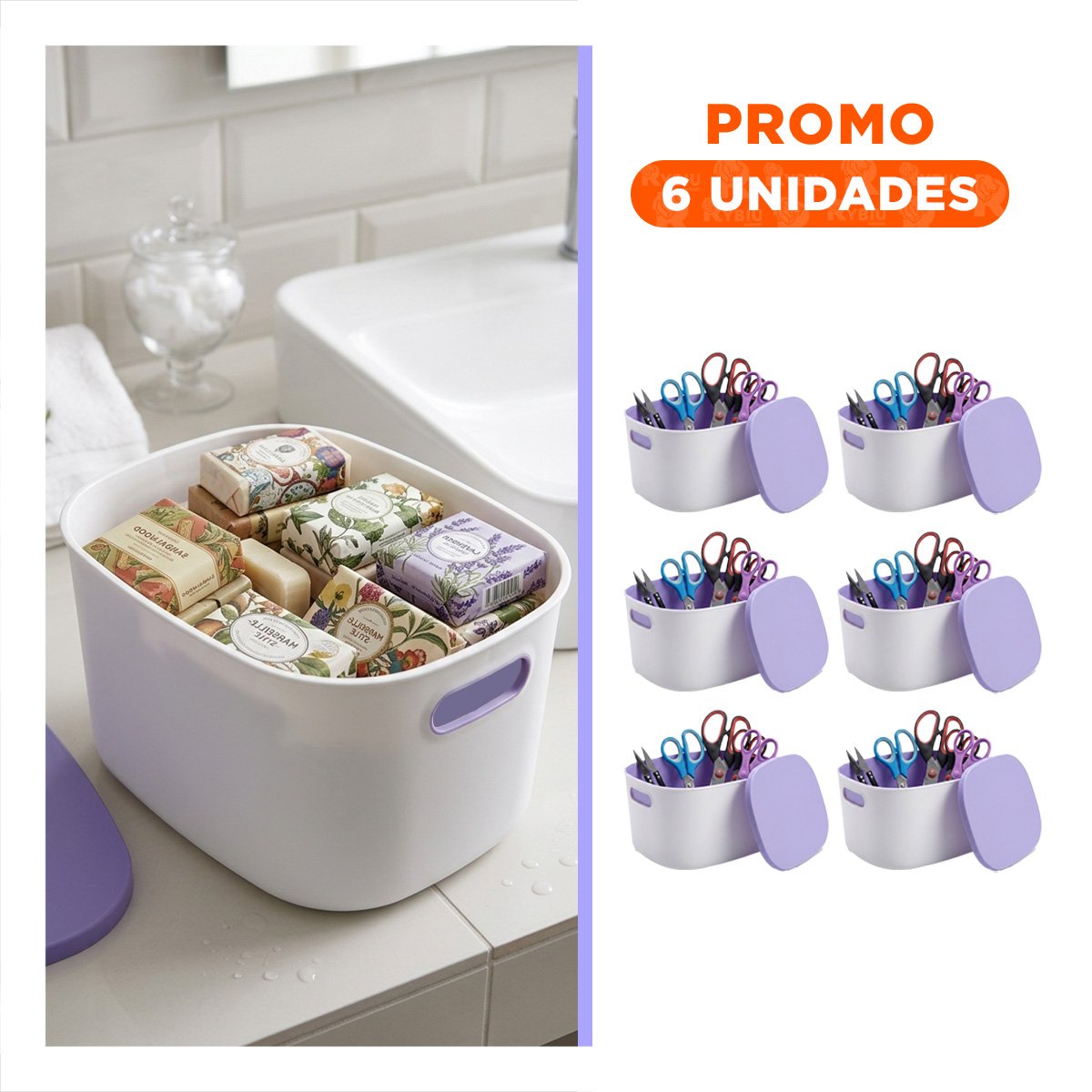 PACK6 RECIPIENTE DE ALMACENAMIENTO COLOR LILA Y BLANCO 26.5X22X15.4 CM Y+REGALO STICKER - 1