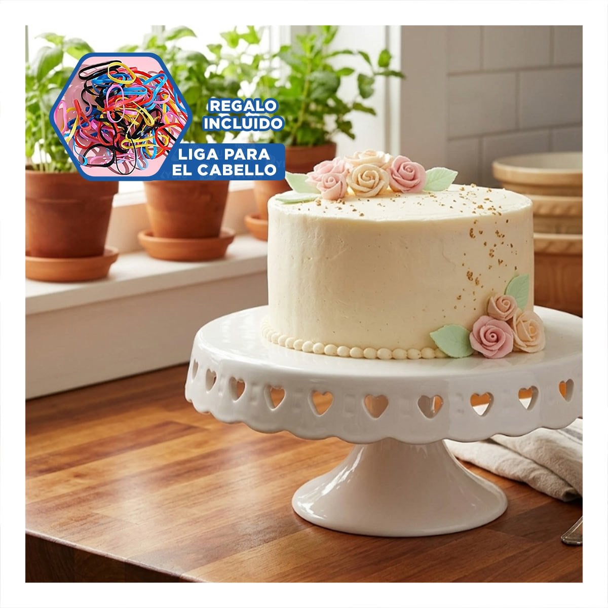 BASE PORTA TORTA COLOR BLANCO CERAMICA CORAZONES 25 CM PARA MESA Y+LIGAS REGALO - 2