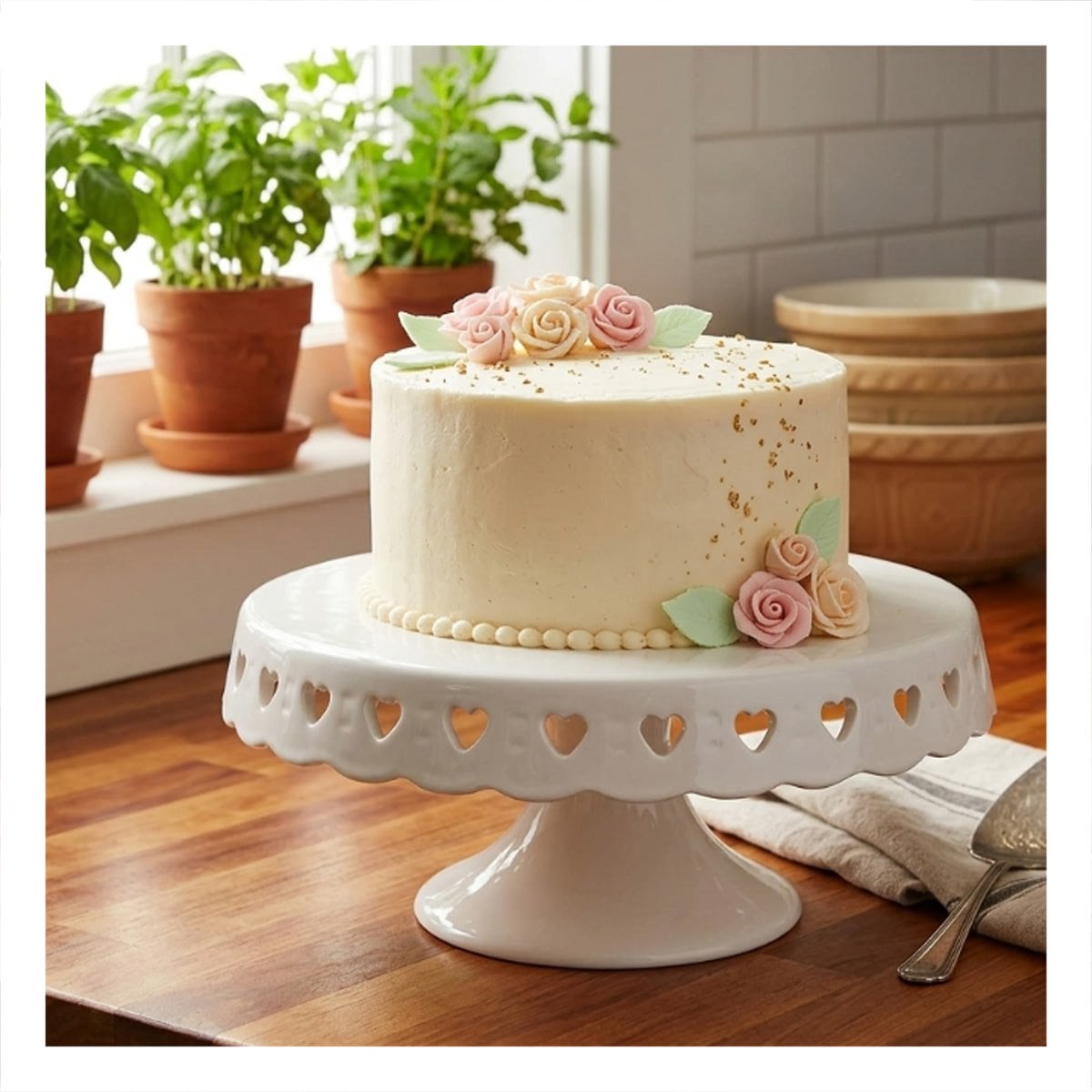 BASE PORTA TORTA COLOR BLANCO CERAMICA CORAZONES 25 CM PARA MESA Y+LIGAS REGALO - 3