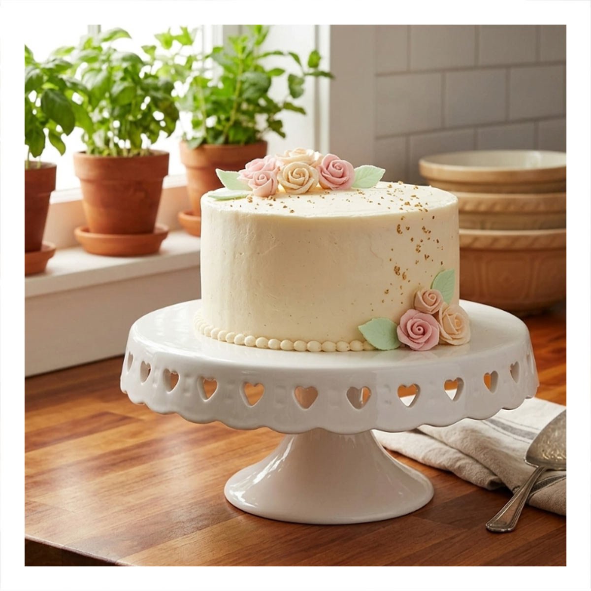 PACK2 BASE DECORATIVA CERAMICA BLANCO CON CORAZONES 25 CM PARA TORTA Y+REGALO STICKER - 3