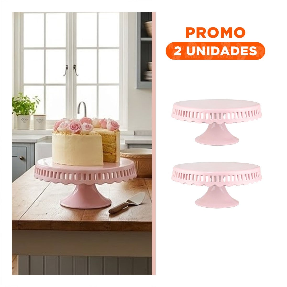 PACK2 BASE DECORATIVA CERAMICA ROSADO CON RAYITAS 25 CM PARA TORTA Y+REGALO STICKER - 1