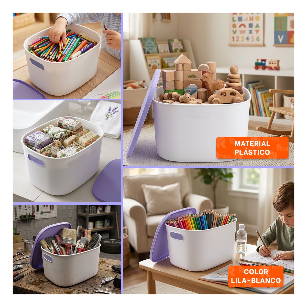CAJA MULTIUSO CON TAPA LILA Y BLANCO 26.5X22X15.4 CM PARA ALMACENAMIENTO Y+POST IT - 2