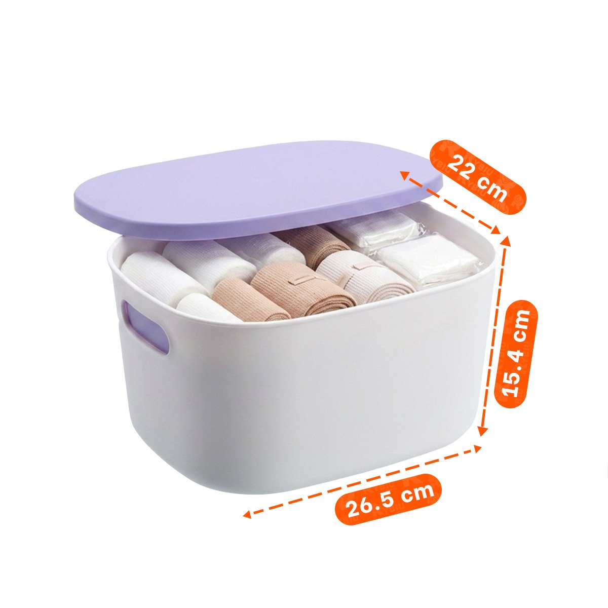 CAJA MULTIUSO CON TAPA LILA Y BLANCO 26.5X22X15.4 CM PARA ALMACENAMIENTO Y+POST IT - 4