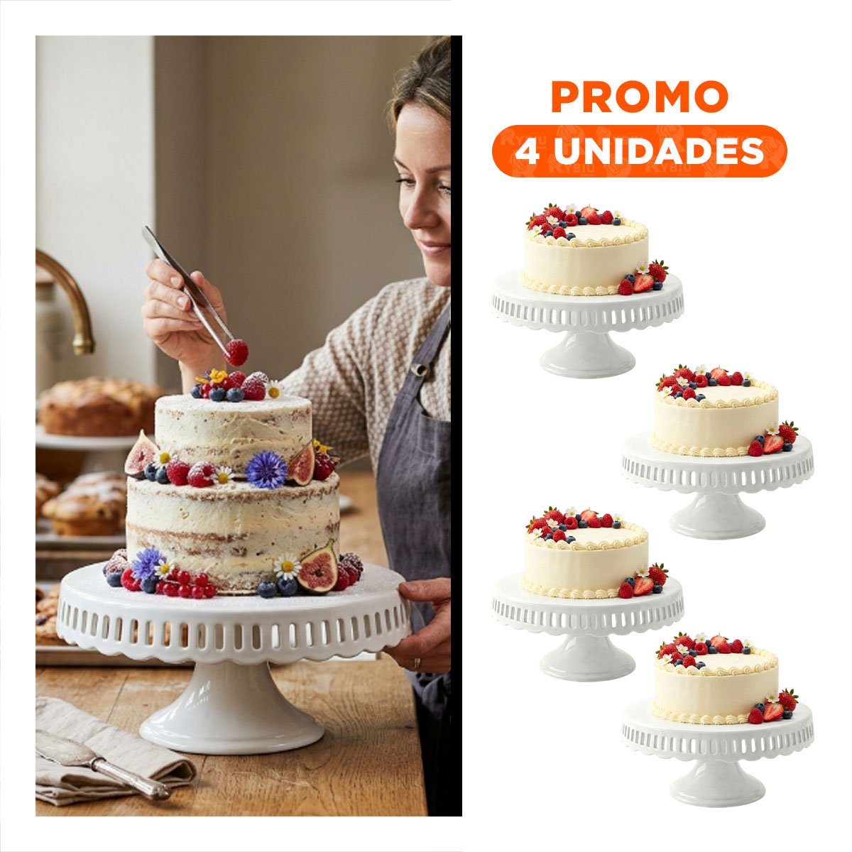 PACK4 PEDESTAL PARA REPOSTERIA RAYITAS COLOR BLANCO CERAMICA 30 CM - 1