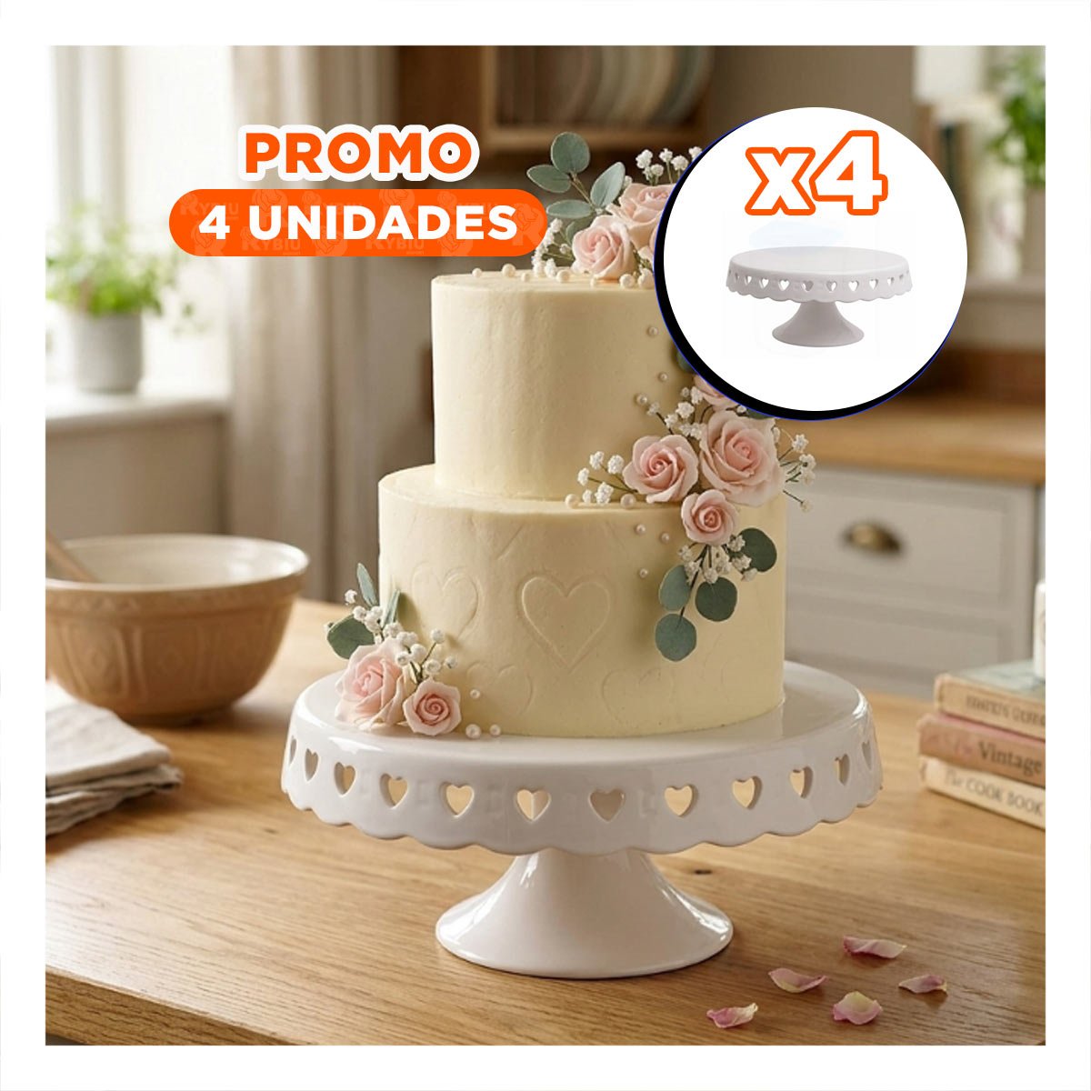 PACK4 EXHIBIDOR DECORATIVO CERAMICA CORAZONES COLOR BLANCO 25 CM PARA POSTRES Y+PAPEL REGALO - 1