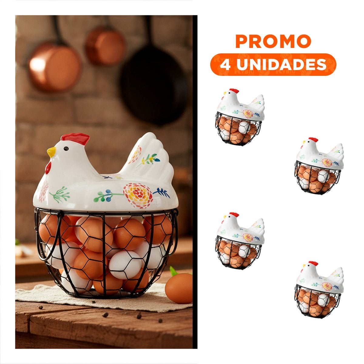 PACK4 CANASTA DE MESA HUEVOS GALLINA CERAMICA METAL BLANCO Y NEGRO PARA DESAYUNO - 1