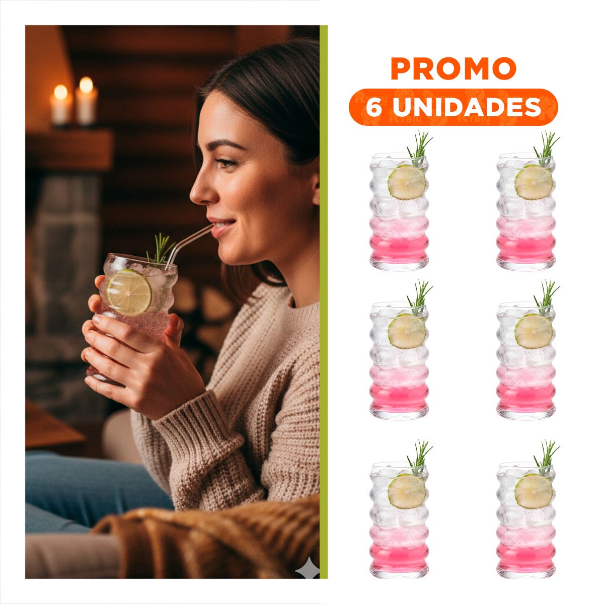 PACK6 VASO DE CRISTAL TRANSPARENTE ESTILO 6 CURVAS PARA AGUA JUGOS Y BEBIDAS Y+REGALO STICKER - 1