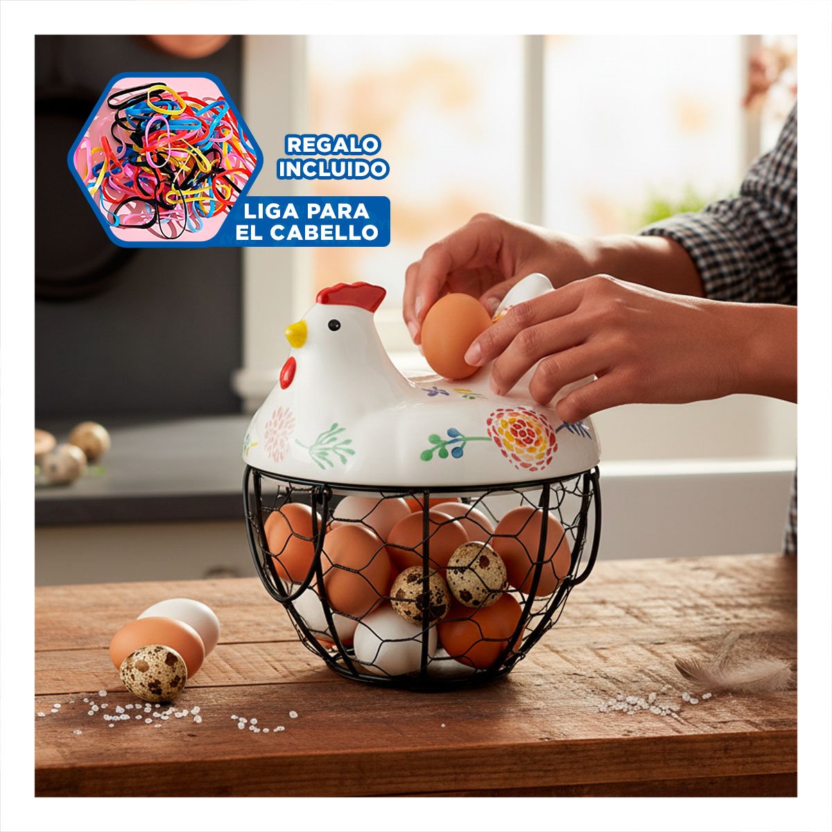 CONTENEDOR DE HUEVOS GALLINA CERAMICA METAL BLANCO Y NEGRO PARA ALMACEN Y+LIGAS REGALO - 2