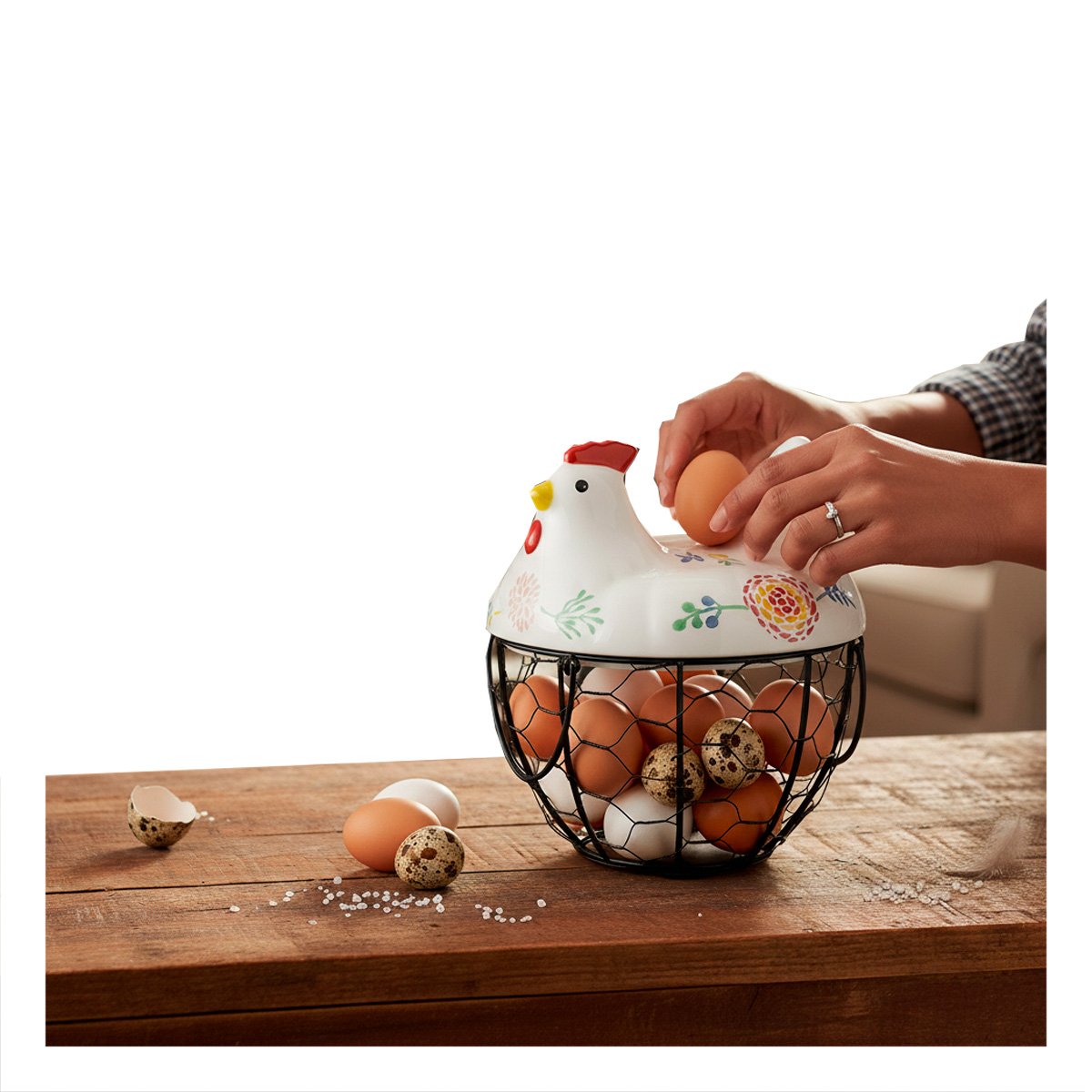 CONTENEDOR DE HUEVOS GALLINA CERAMICA METAL BLANCO Y NEGRO PARA ALMACEN Y+LIGAS REGALO - 5