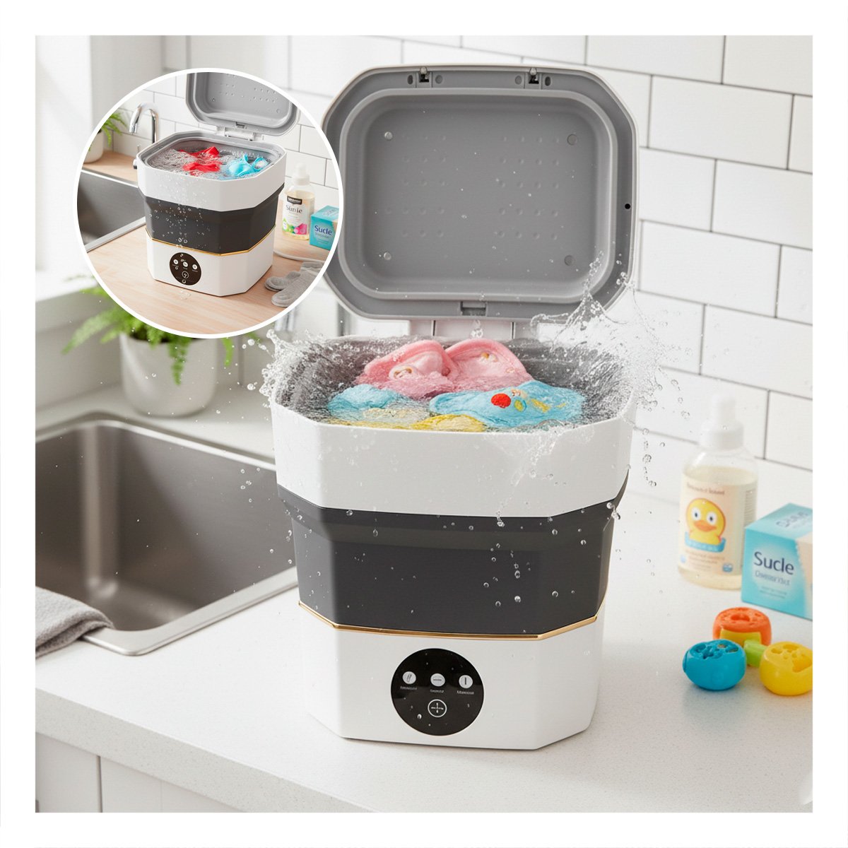 PACK4 MAQUINA PEQUENA DE LAVADO NEGRO Y BLANCO PARA HOGAR 26X26X24,5 CM YREGALO STICKER - 5