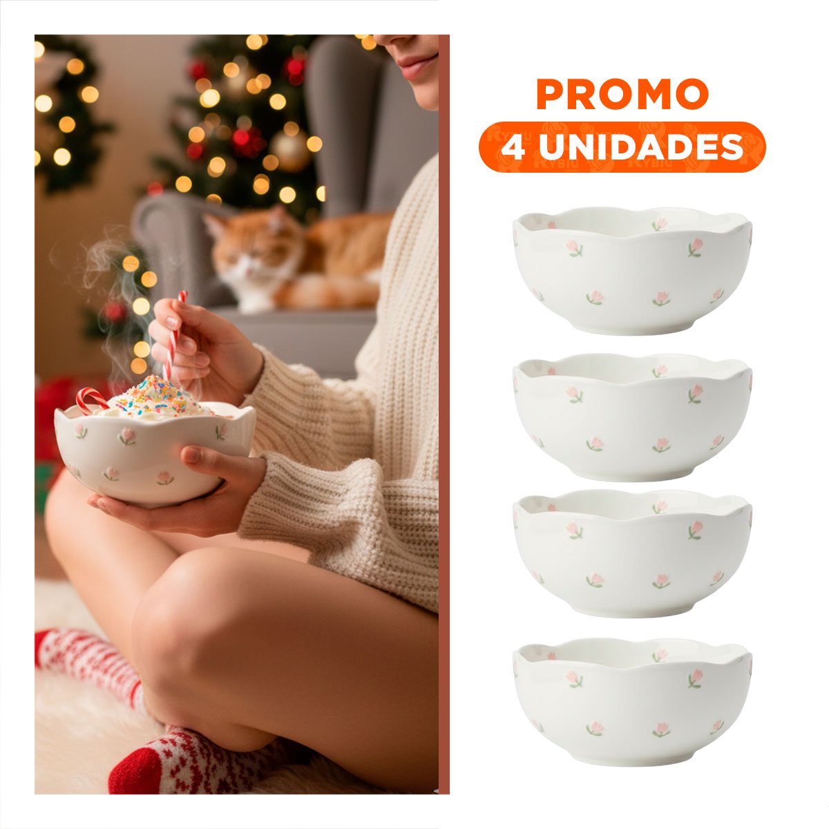 PACK4 CUENCO HONDO CIRCULAR TULIPANES BLANCO 14,7X7CM PARA ENSALADAS Y SOPAS - 1