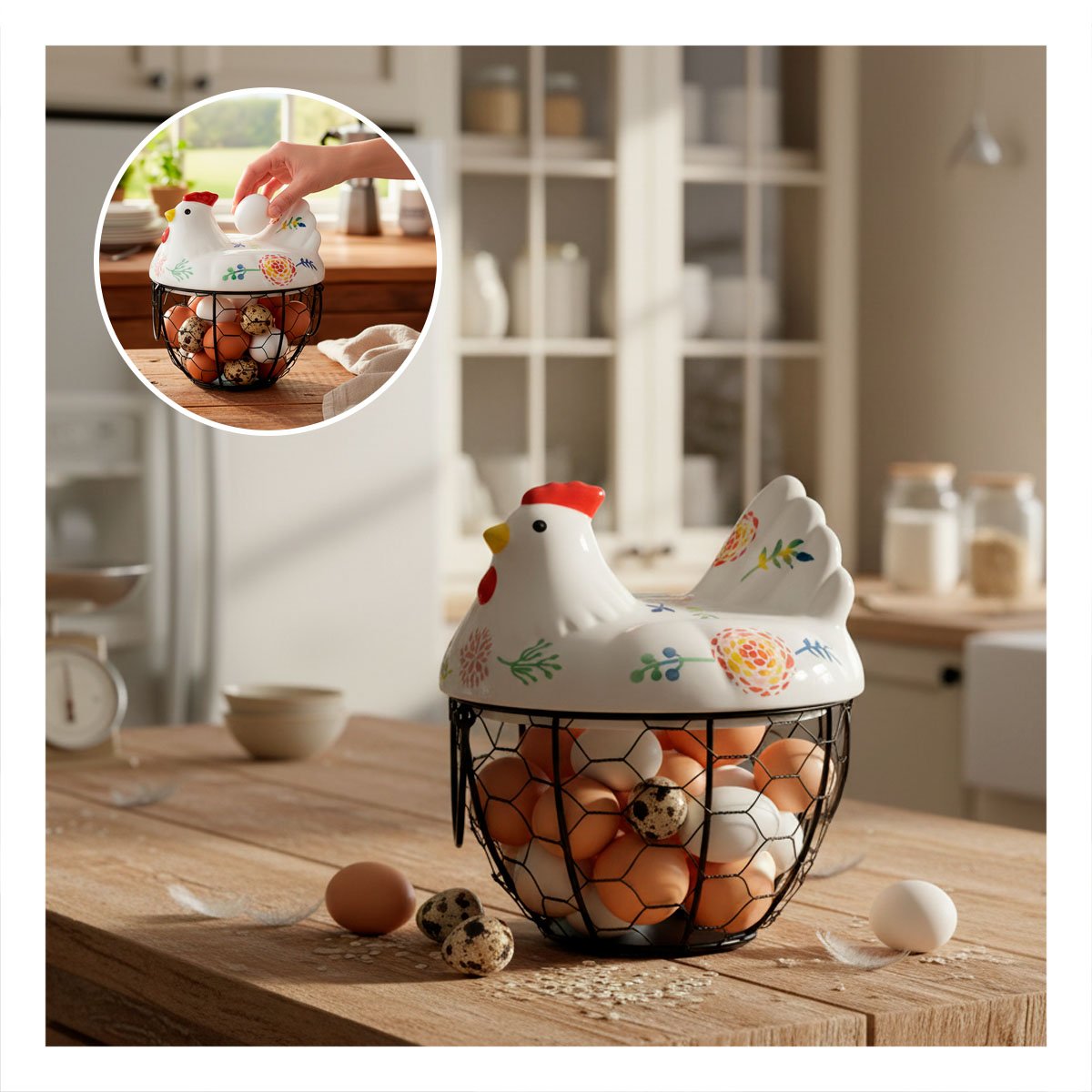 CESTA PORTA HUEVOS GALLINA CERAMICA METAL COLOR BLANCO Y NEGRO PARA HOGAR - 1
