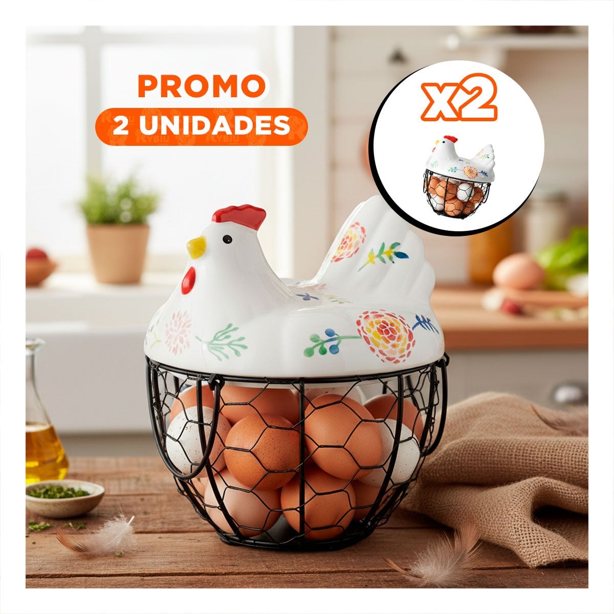 PACK2 CANASTA ORGANIZADORA DE HUEVOS GALLINA CERAMICA METAL COLOR BLANCO Y NEGRO PARA HOGAR - 1