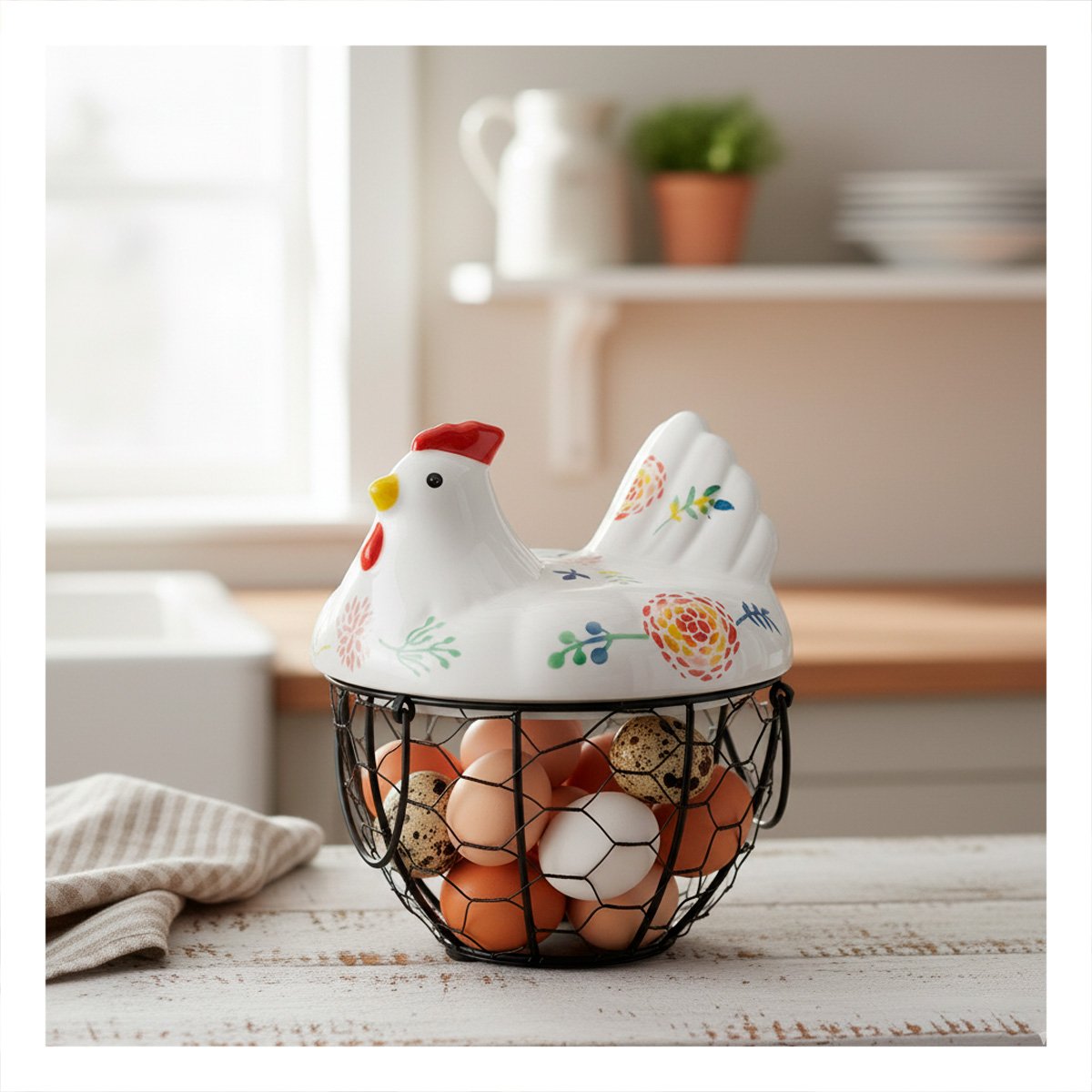 PACK2 CANASTA ORGANIZADORA DE HUEVOS GALLINA CERAMICA METAL COLOR BLANCO Y NEGRO PARA HOGAR - 5