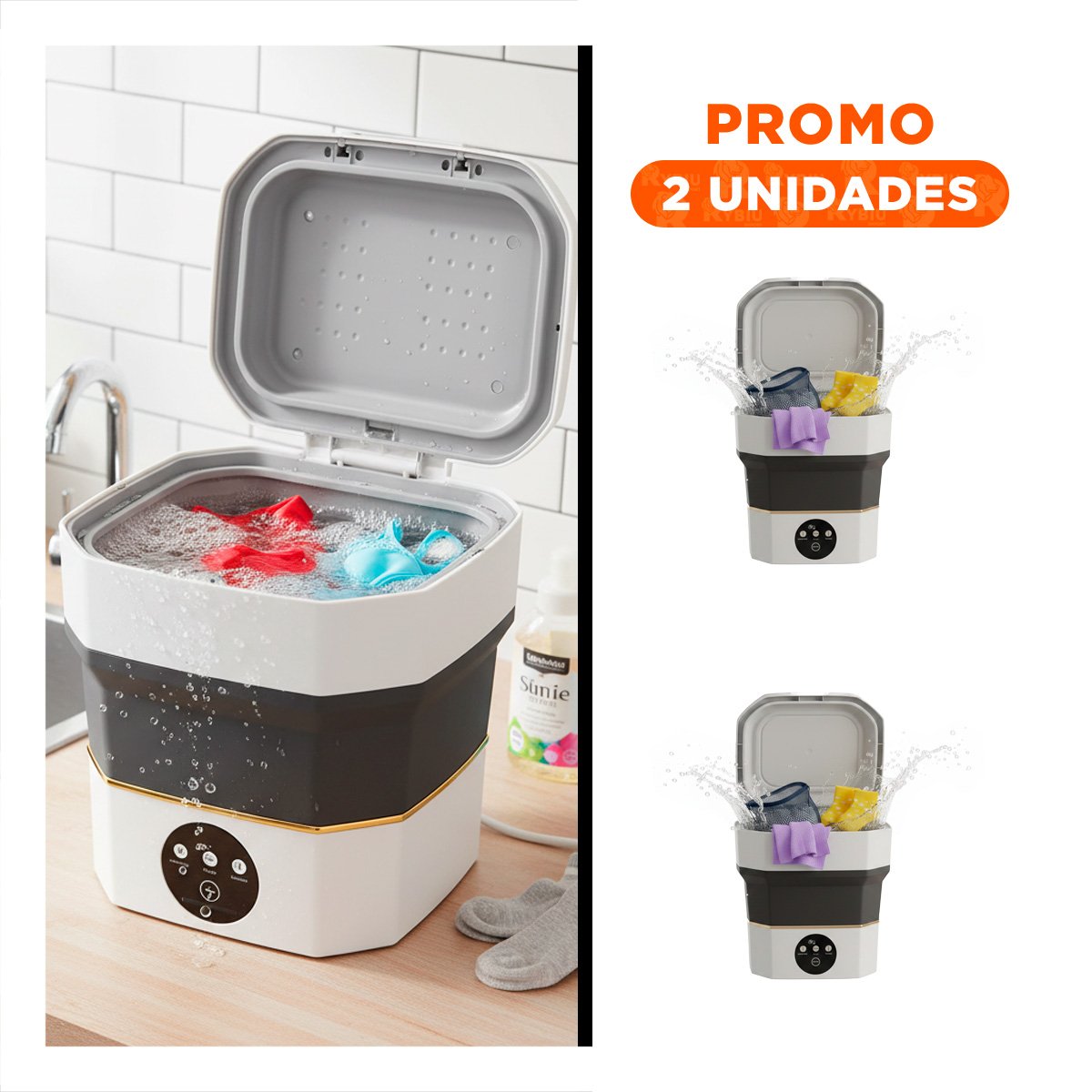 PACK2 EQUIPO PORTATIL PARA LAVAR NEGRO Y BLANCO 26X26X24,5 CM PARA HOGAR YREGALO STICKER - 1