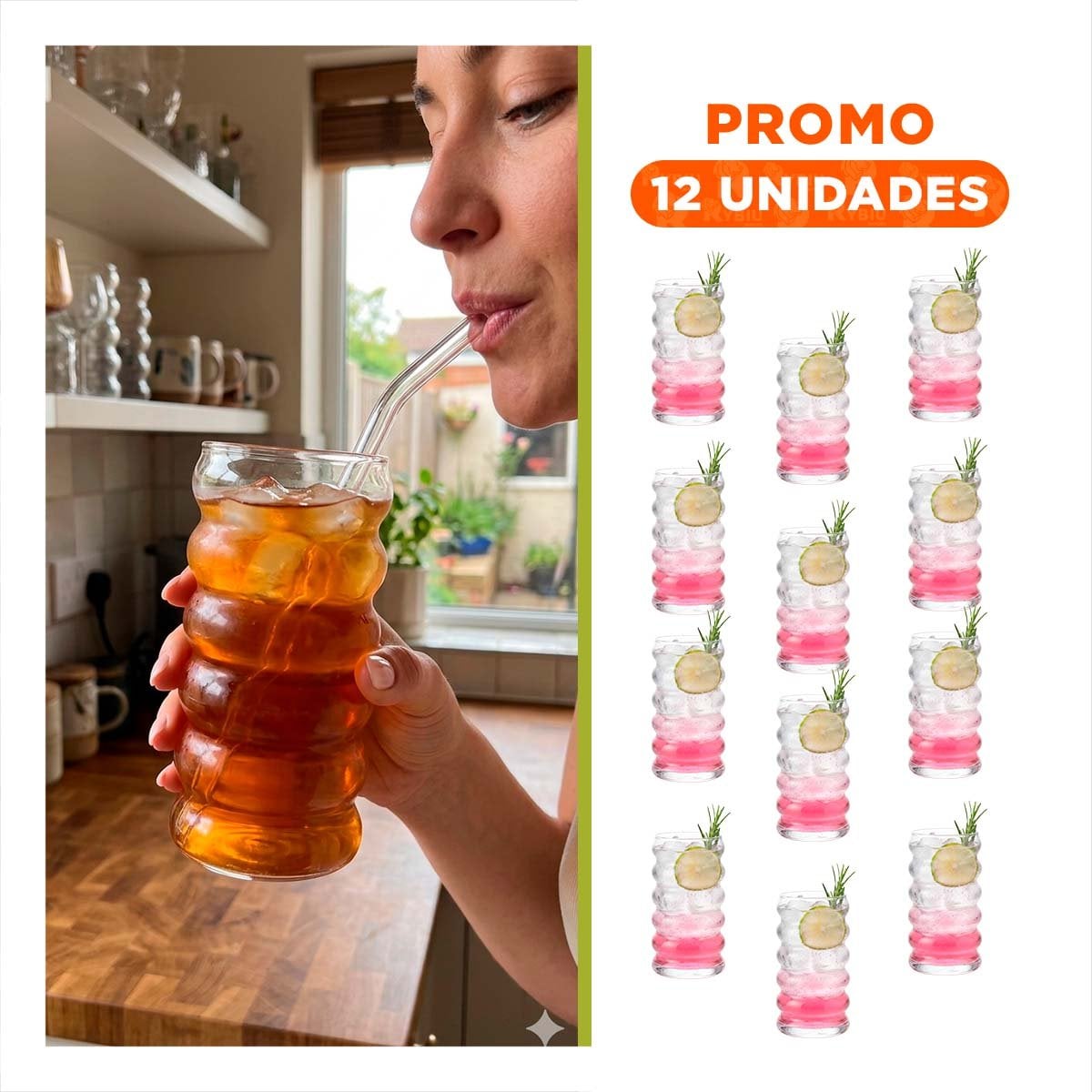 PACK12 COPA DE VIDRIO ESTILO 6 CURVAS TRANSPARENTE PARA MESA Y USO EN CASA - 1