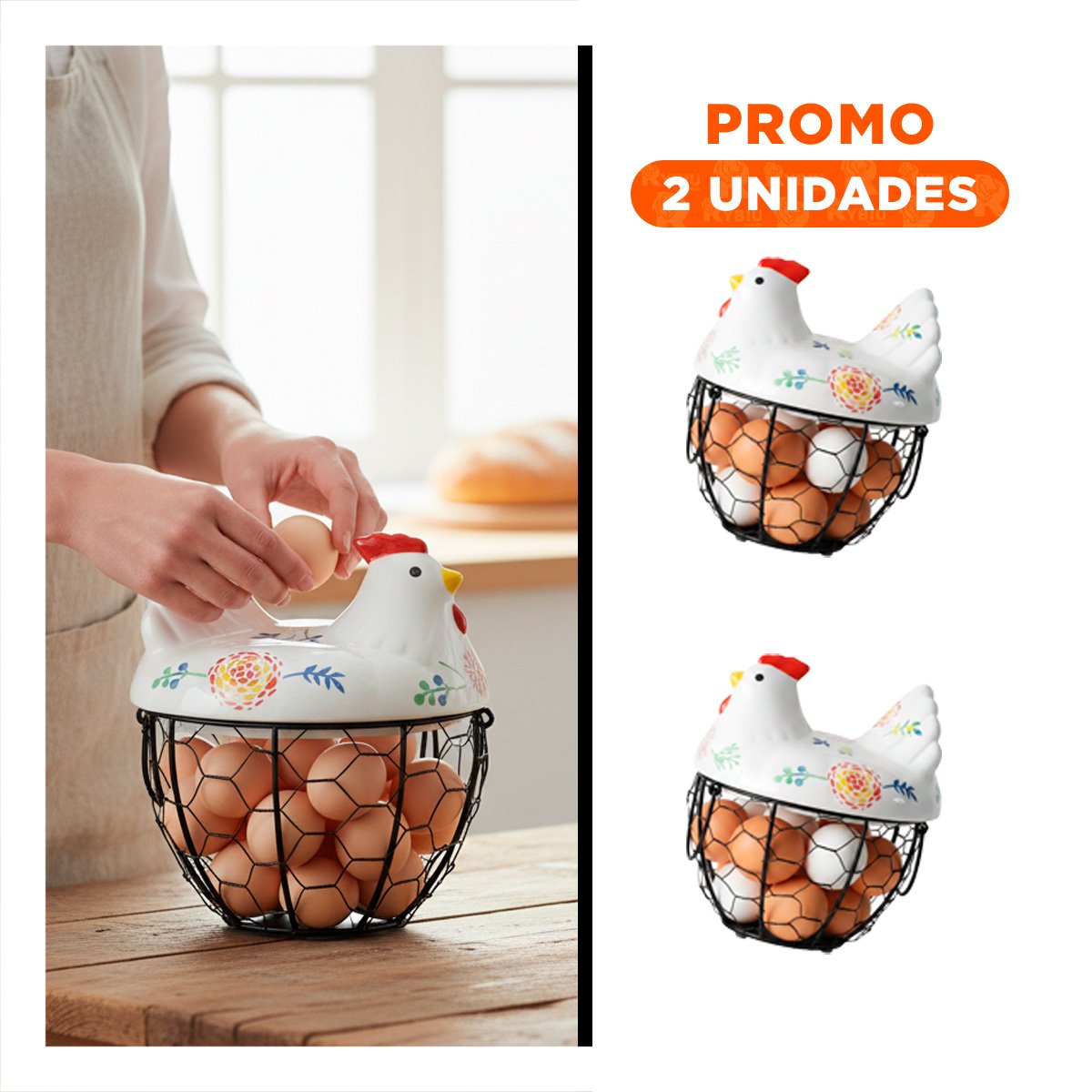 PACK2 CESTA DE MESA HUEVOS GALLINA CERAMICA BLANCO Y NEGRO PARA USO DIARIO Y+REGALO STICKER - 1