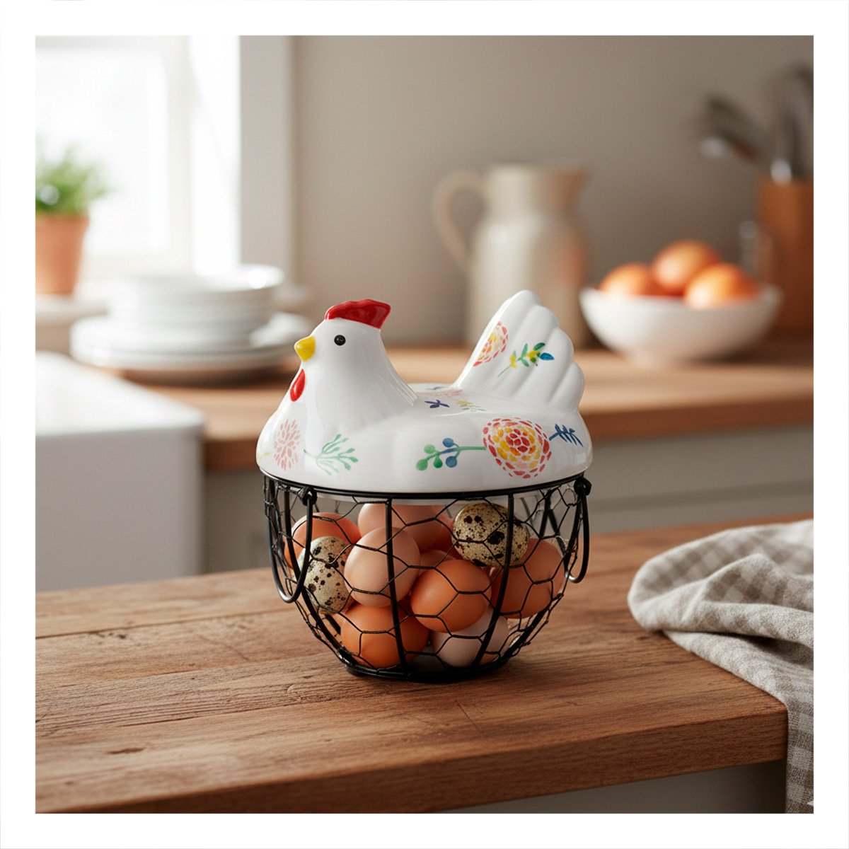 PACK2 CESTA DE MESA HUEVOS GALLINA CERAMICA BLANCO Y NEGRO PARA USO DIARIO Y+REGALO STICKER - 5