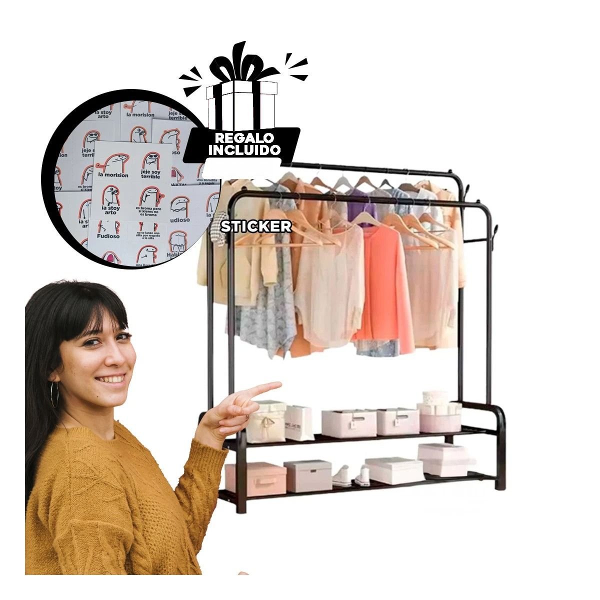 SOPORTE COLGANTE NEGRO CON 2 NIVELES PARA BUFANDAS Y CHAQUETAS YREGALO STICKER - 1