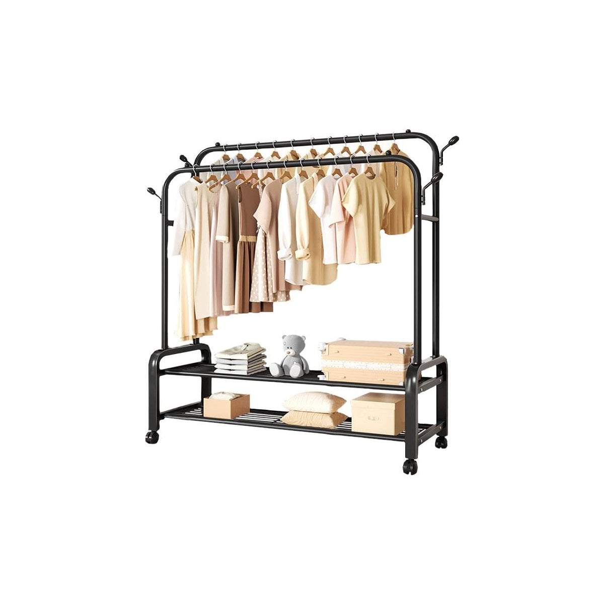 ORGANIZADOR COLGADOR DOBLE CON 2 NIVELES INFERIORES Y RUEDAS NEGRO PARA COCINA Y+REGALO STICKER - 1