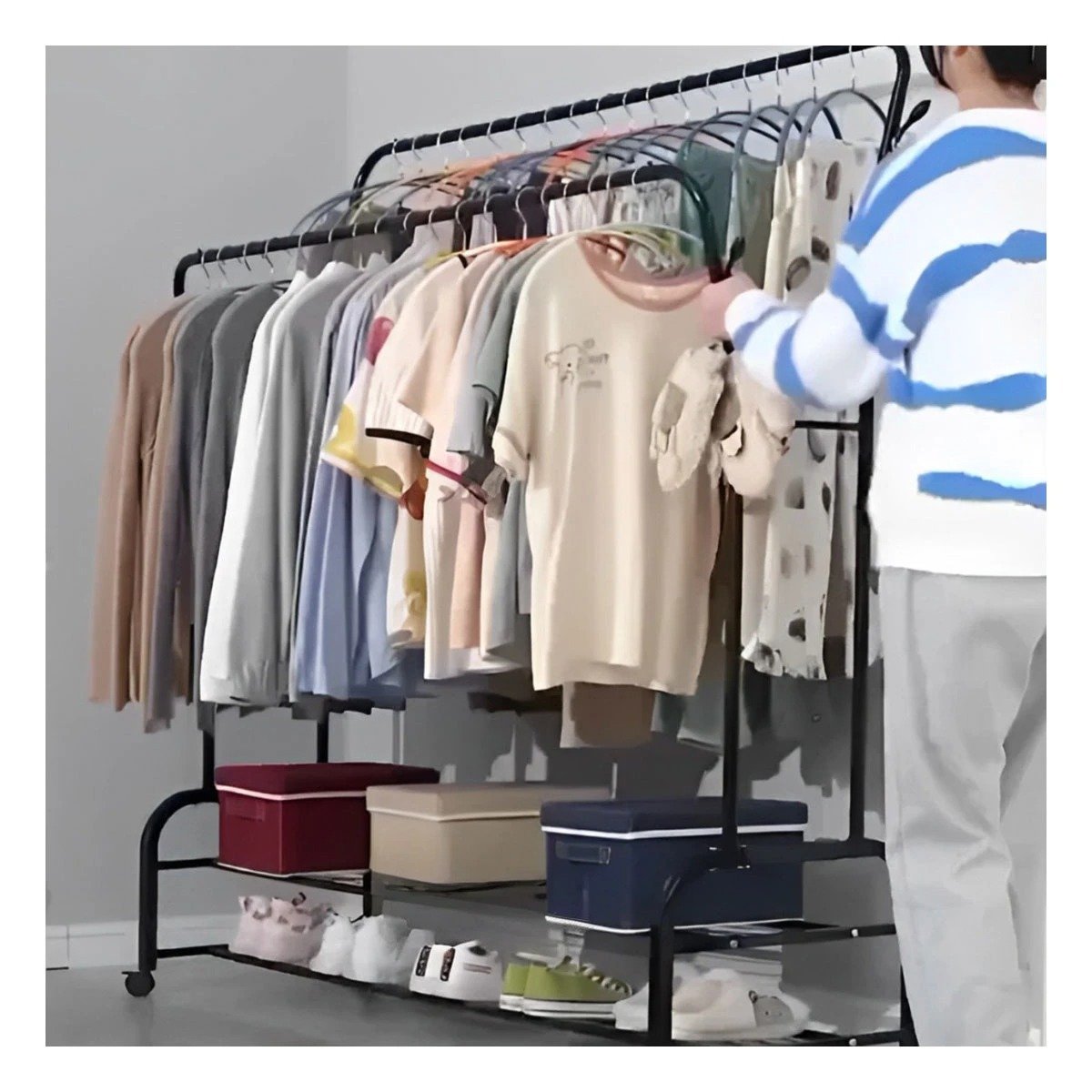 ORGANIZADOR COLGADOR DOBLE CON 2 NIVELES INFERIORES Y RUEDAS NEGRO PARA COCINA Y+REGALO STICKER - 2