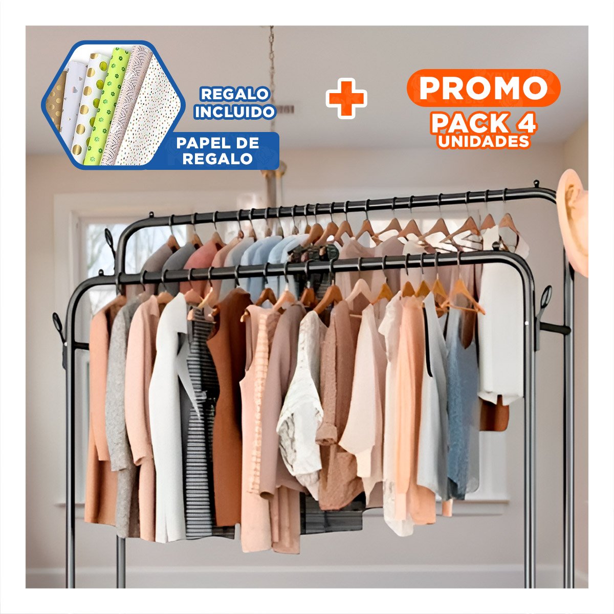 PACK4 TORRE PERCHERO DOBLE NEGRO CON 2 NIVELES PARA DORMITORIO YPAPEL REGALO - 1