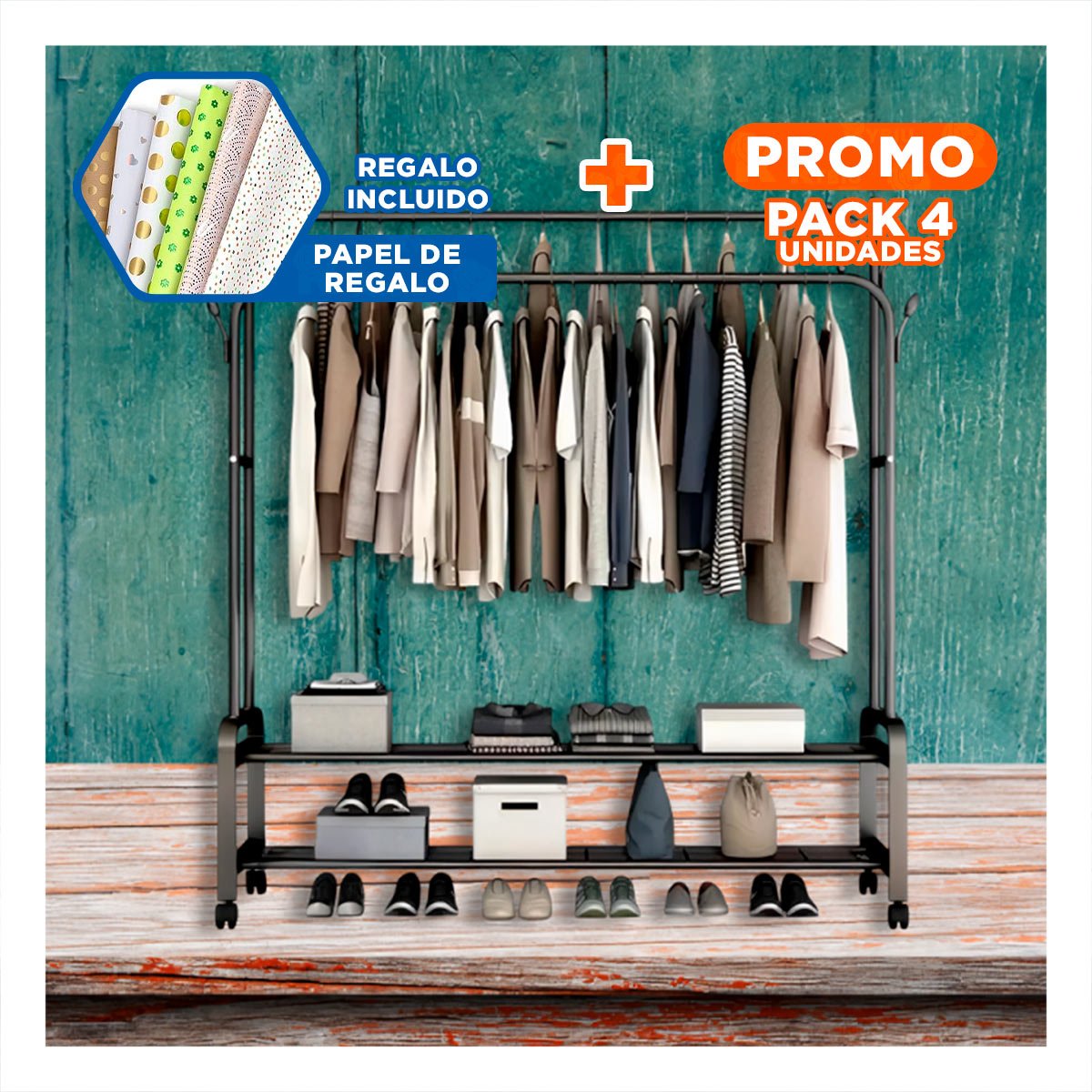 PACK4 SOPORTE COMPACTO PARA COCINA CON COLGADOR DOBLE Y RUEDAS NEGRO YPAPEL REGALO - 1