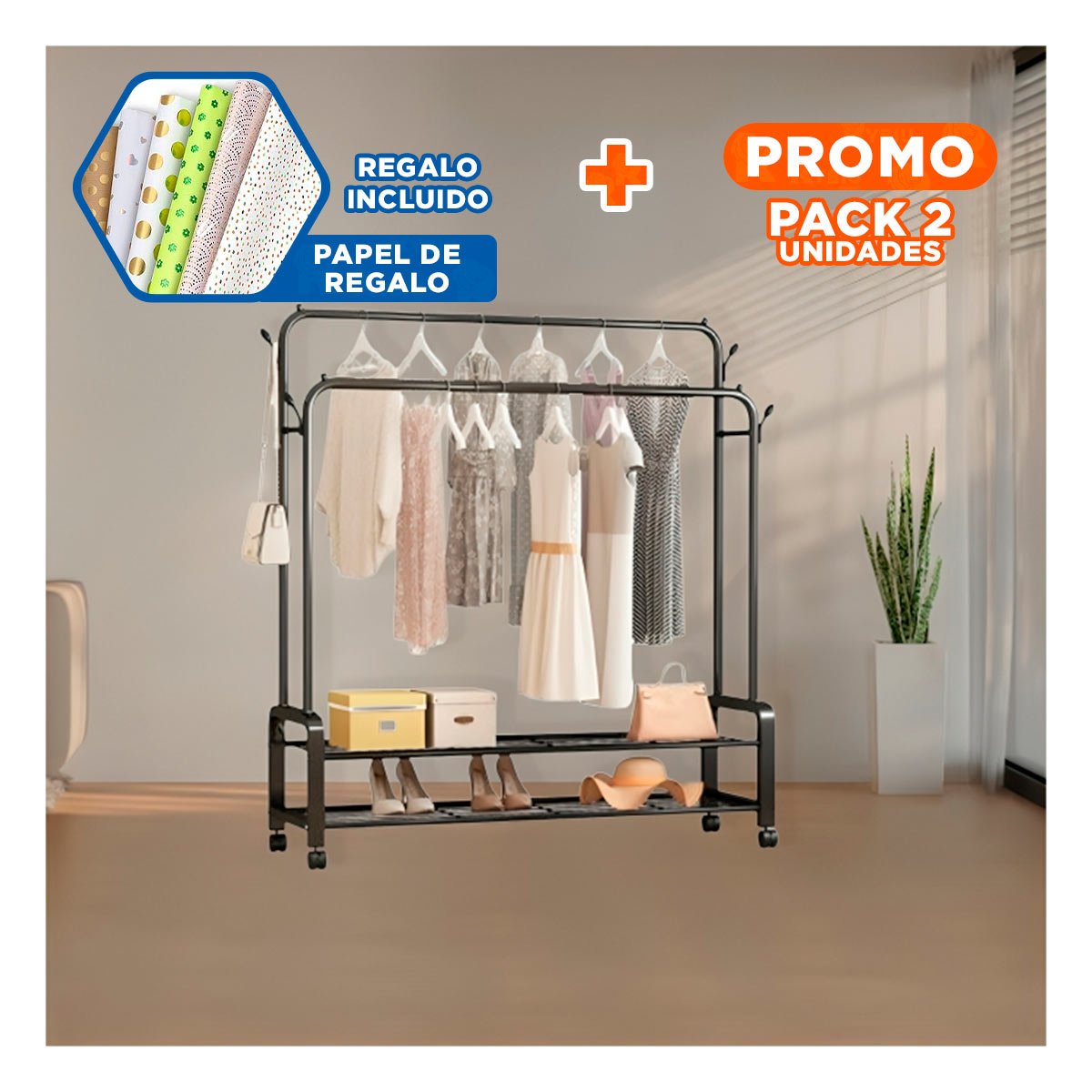 PACK2 ORGANIZADOR COMPACTO PARA DORMITORIO CON COLGADOR DOBLE Y RUEDAS NEGRO YPAPEL REGALO - 1