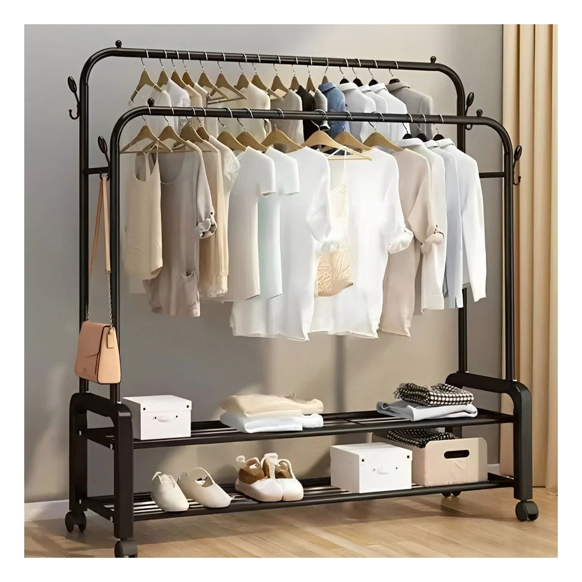 ESTANTE COLGADOR DOBLE CON 2 NIVELES INFERIORES Y RUEDAS NEGRO PARA ORGANIZAR HOGAR - 1