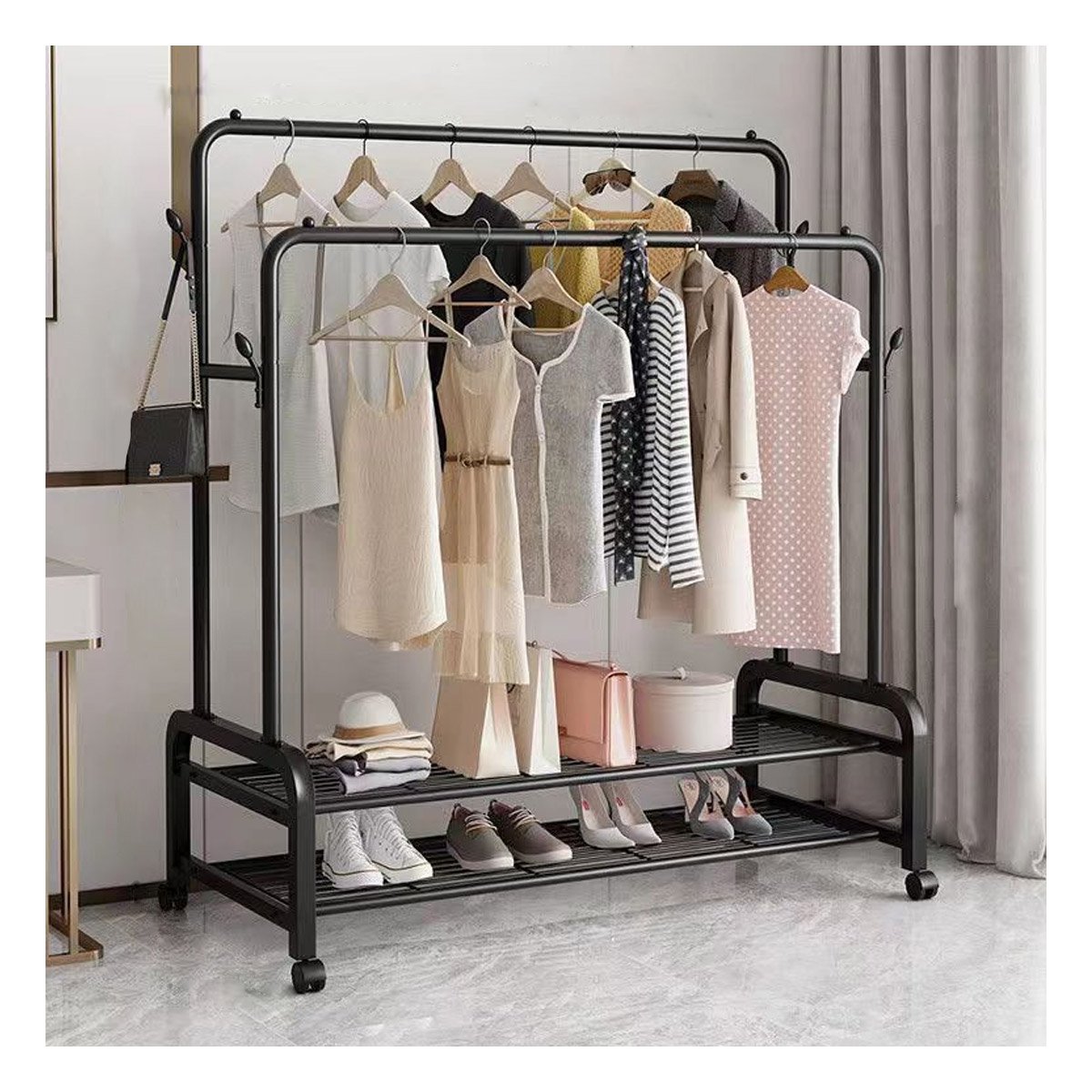 ESTANTE COLGADOR DOBLE CON 2 NIVELES INFERIORES Y RUEDAS NEGRO PARA ORGANIZAR HOGAR - 3
