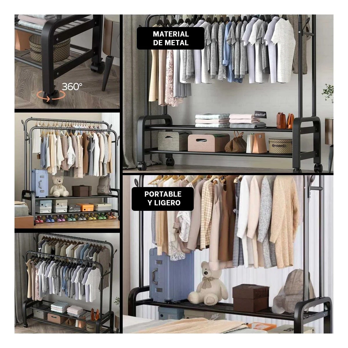 ORGANIZADOR PARA BANO CON COLGADOR DOBLE Y RUEDAS NEGRO YSTICKY - 1