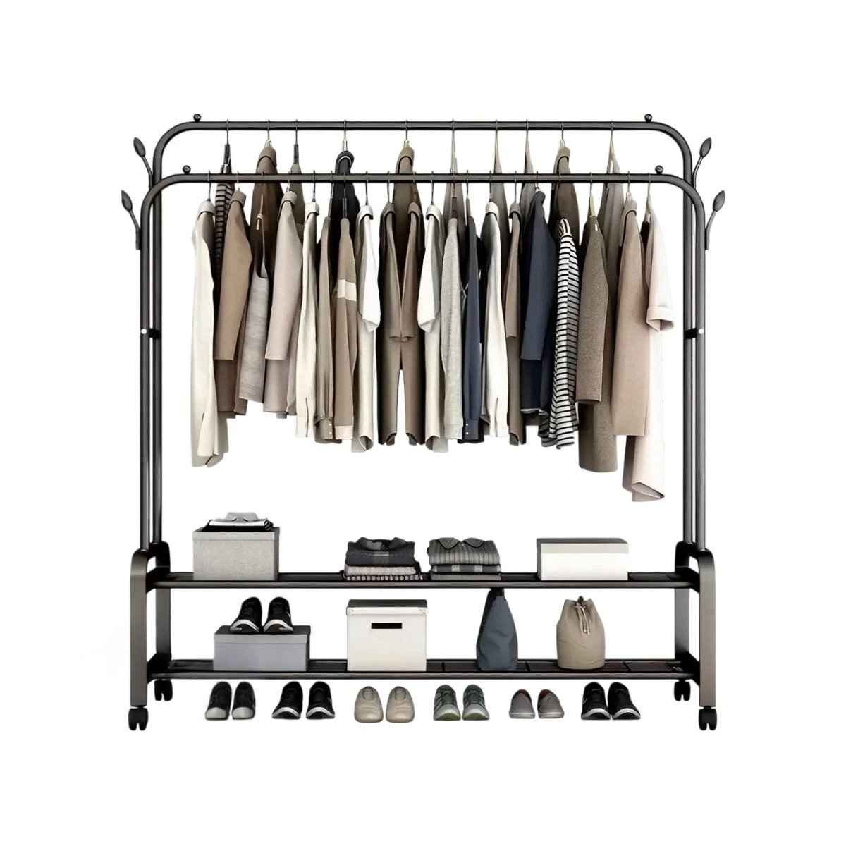 MUEBLE COMPACTO CON COLGADOR DOBLE Y RUEDAS NEGRO PARA DORMITORIO YPAPEL REGALO - 1