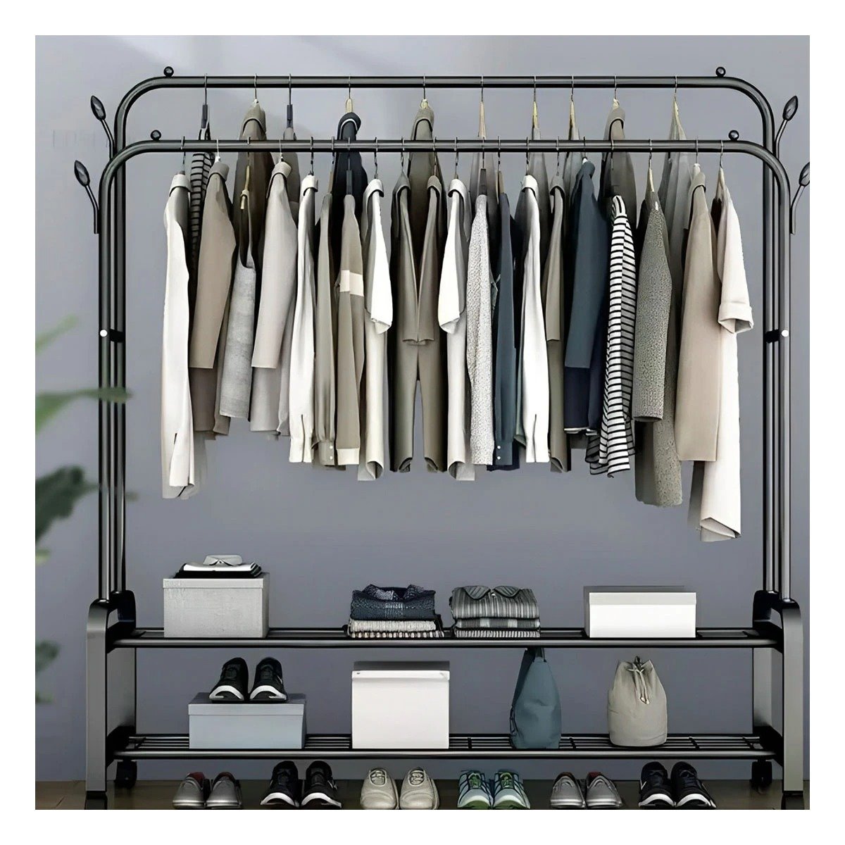 MUEBLE COMPACTO CON COLGADOR DOBLE Y RUEDAS NEGRO PARA DORMITORIO YPAPEL REGALO - 4