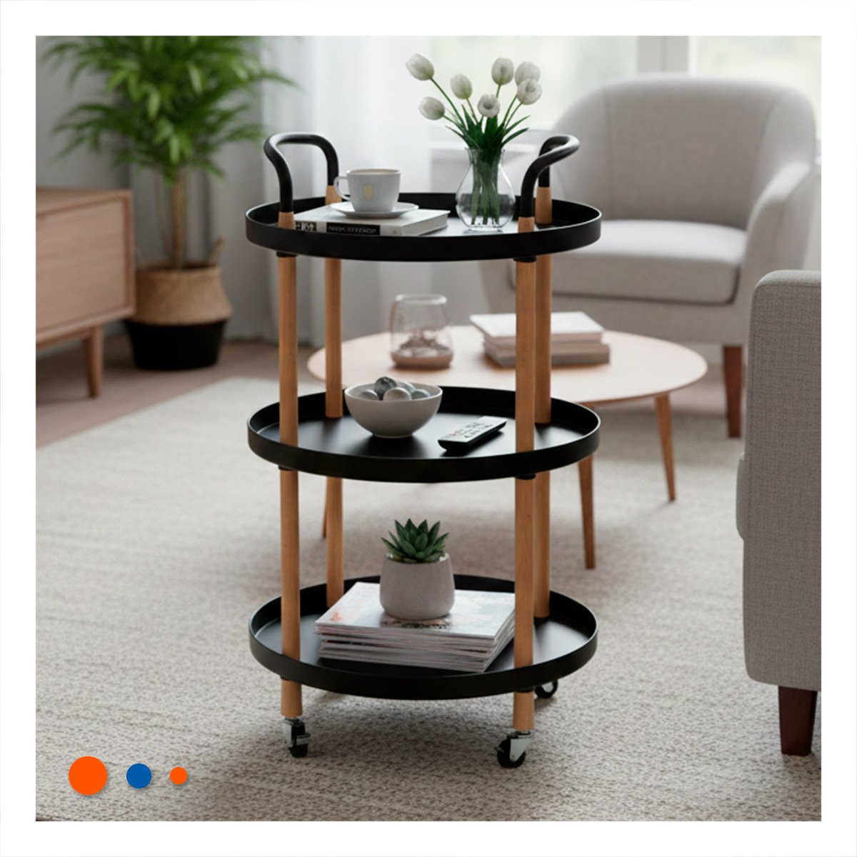 PACK2 CARRO 3 NIVELES CIRCULAR CON ASA NEGRO PARA COCINA SALA Y OFICINA Y+PAPEL REGALO - 4