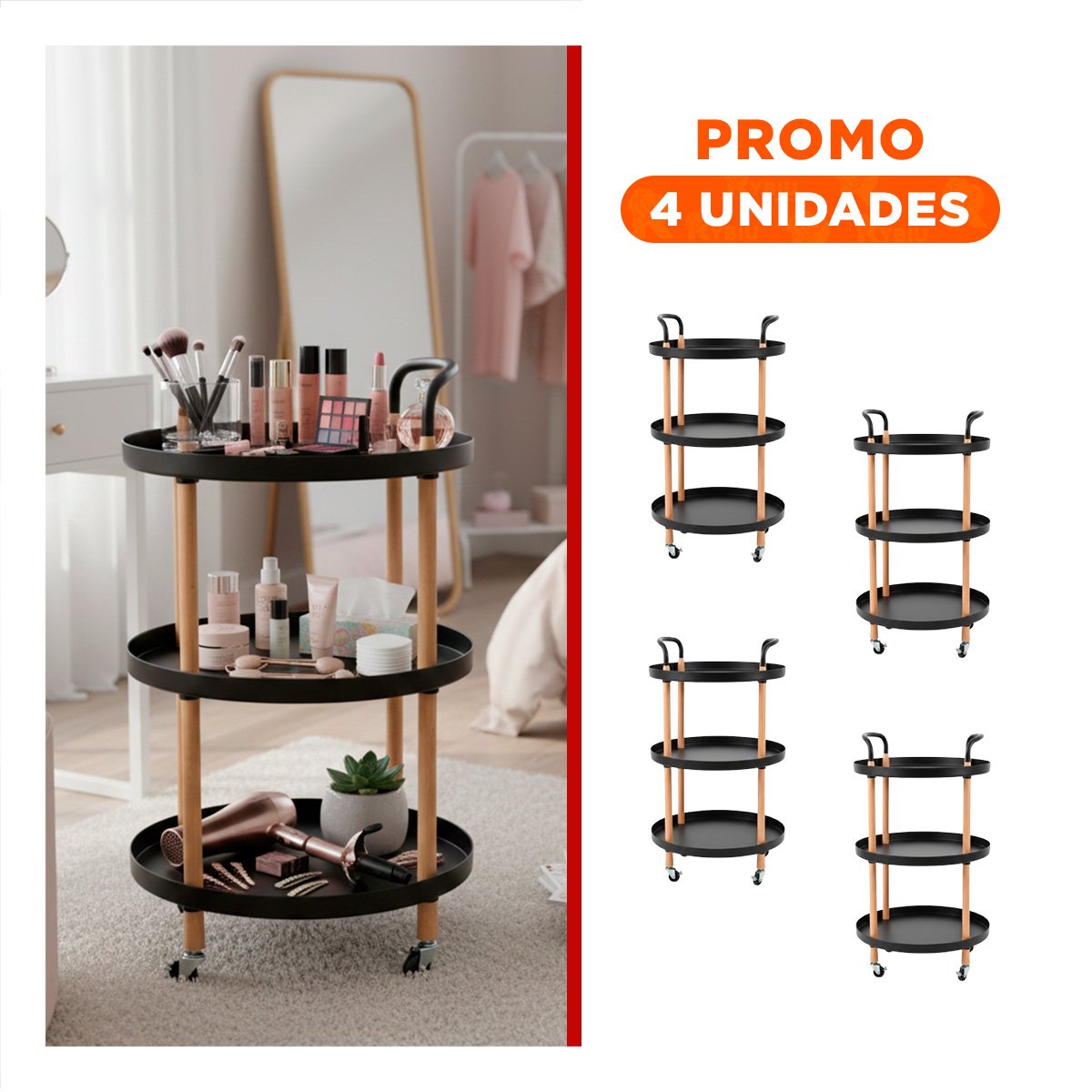 PACK4 SOPORTE 3 NIVELES CIRCULAR CON ASA NEGRO PARA ORGANIZAR Y DECORAR HOGAR - 1