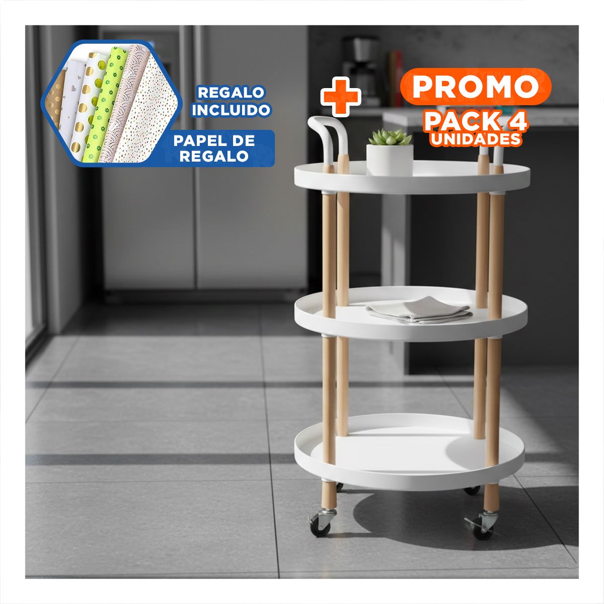 PACK4 MESA CARRITO 3 NIVELES CIRCULAR CON ASA BLANCO PARA COCINA OFICINA Y SALA YPAPEL REGALO - 1