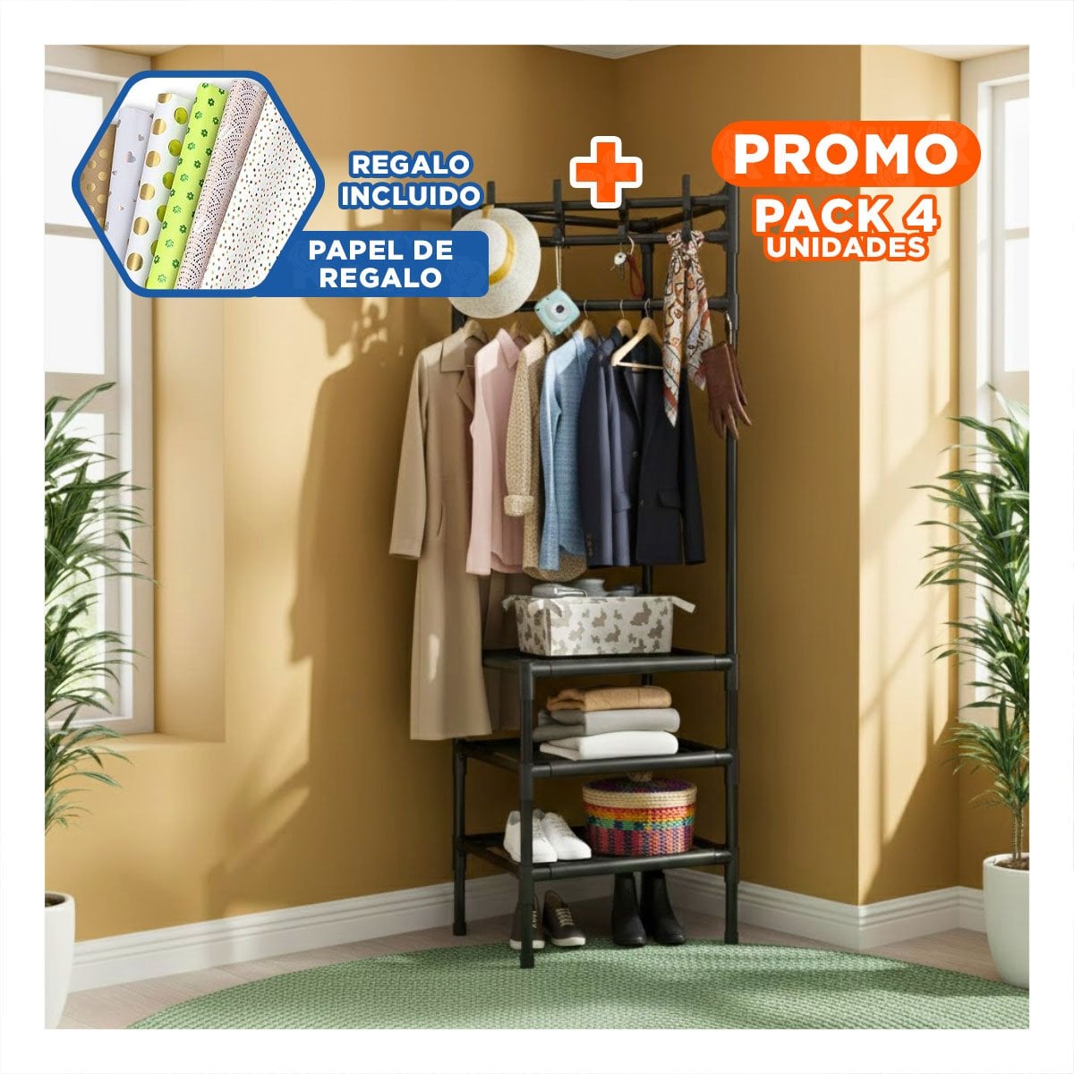 PACK4 BASE ORGANIZADORA CON ZAPATERA Y PERCHERA PARA CASA Y HOGAR YPAPEL REGALO - 1