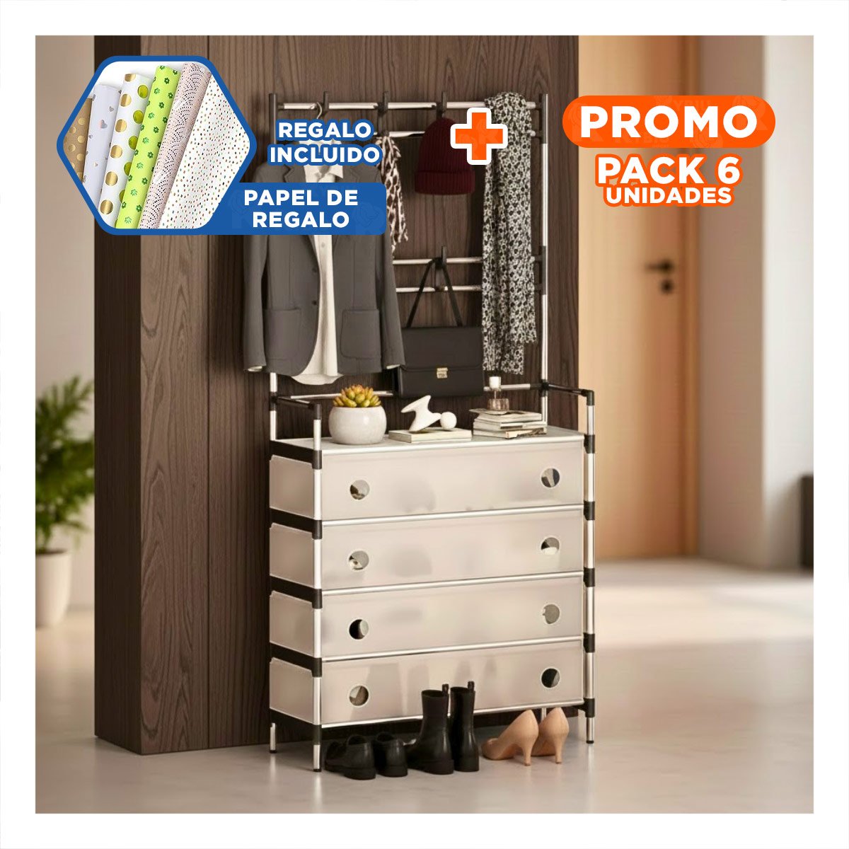 PACK6 ORGANIZADOR CERRADO CON PERCHERA PARA DORMITORIO ENTRADA O ZONA INTERIOR YPAPEL REGALO - 1