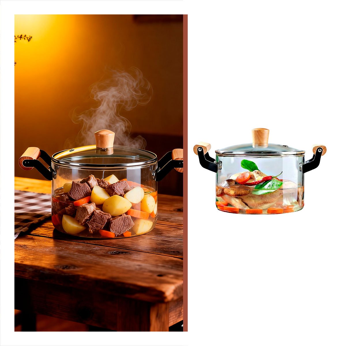PACK6 CAZUELA CIRCULAR CON CUERPO TRANSPARENTE ASA DE MADERA Y TAPA 4,5L YREGALO STICKER - 2