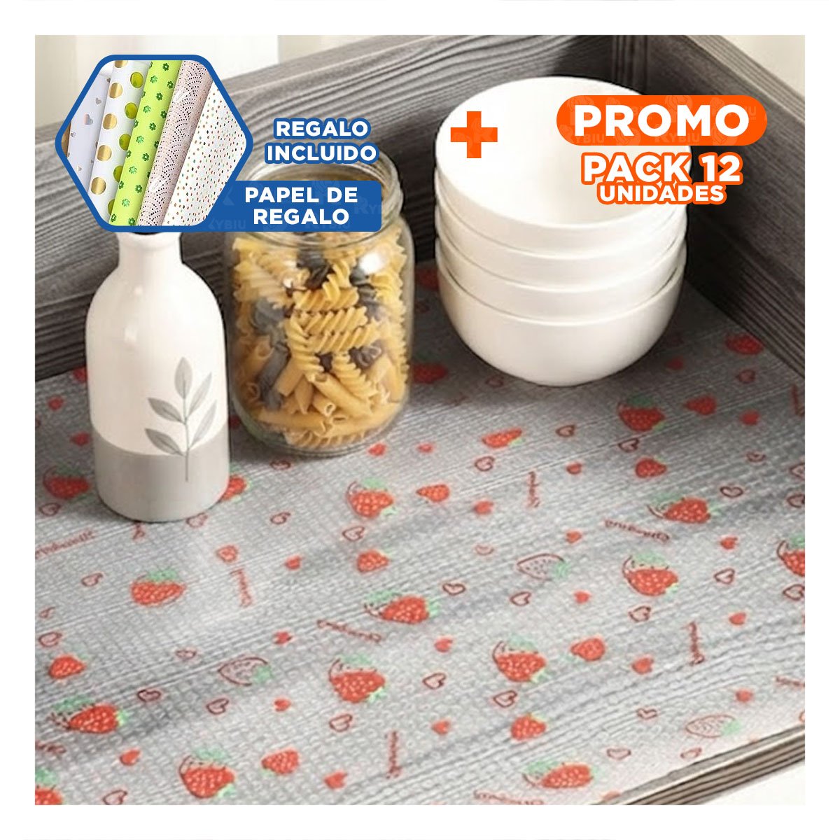 PACK12 ALFOMBRILLA PARA COCINA BLANCO TRANSLUCIDO CON FRESAS ANTIDESLIZANTE YPAPEL REGALO - 1