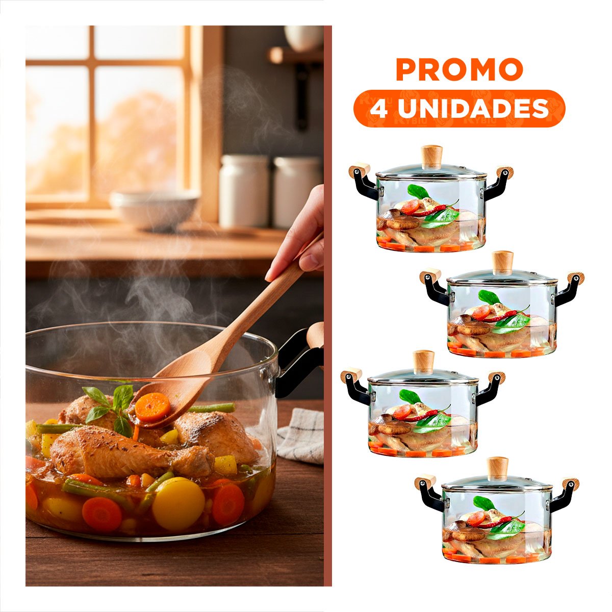 PACK4 CAZUELA TRANSPARENTE 4,5L DE CON TAPA CIRCULAR Y ASA DE MADERA YREGALO STICKER - 1