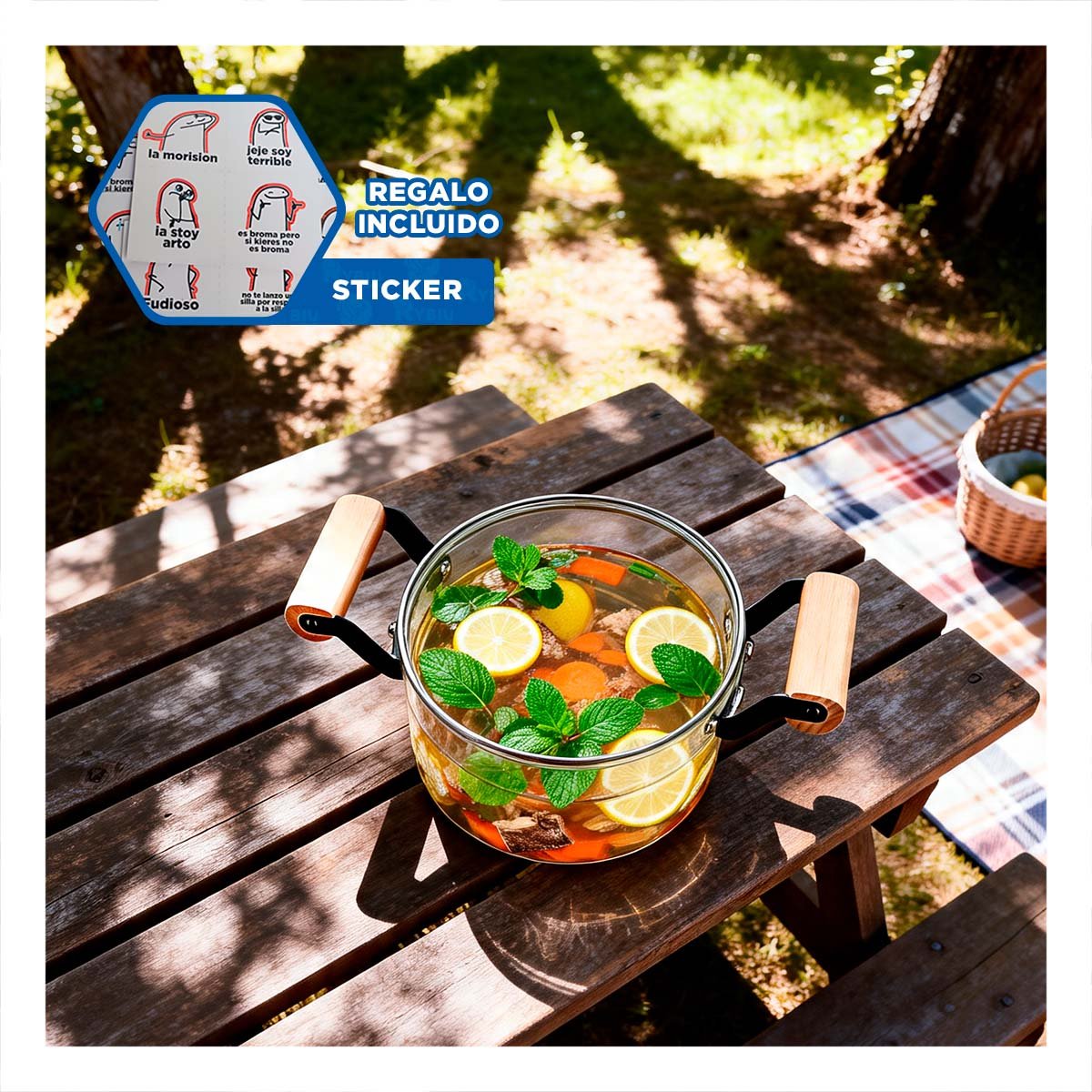 CAZUELA DE BOROSILICATO CON ASA DE MADERA CIRCULAR 4,5L Y TAPA TRANSPARENTE Y REGALO STICKER - 1