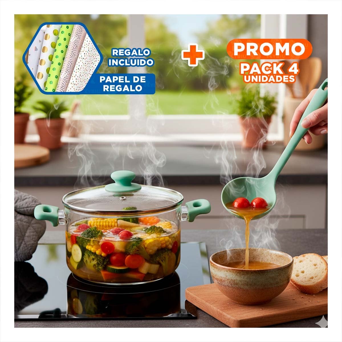 PACK4 CACEROLA CIRCULAR DE BOROSILICATO CON ASA 4,5L Y TAPA YPAPEL REGALO - 1