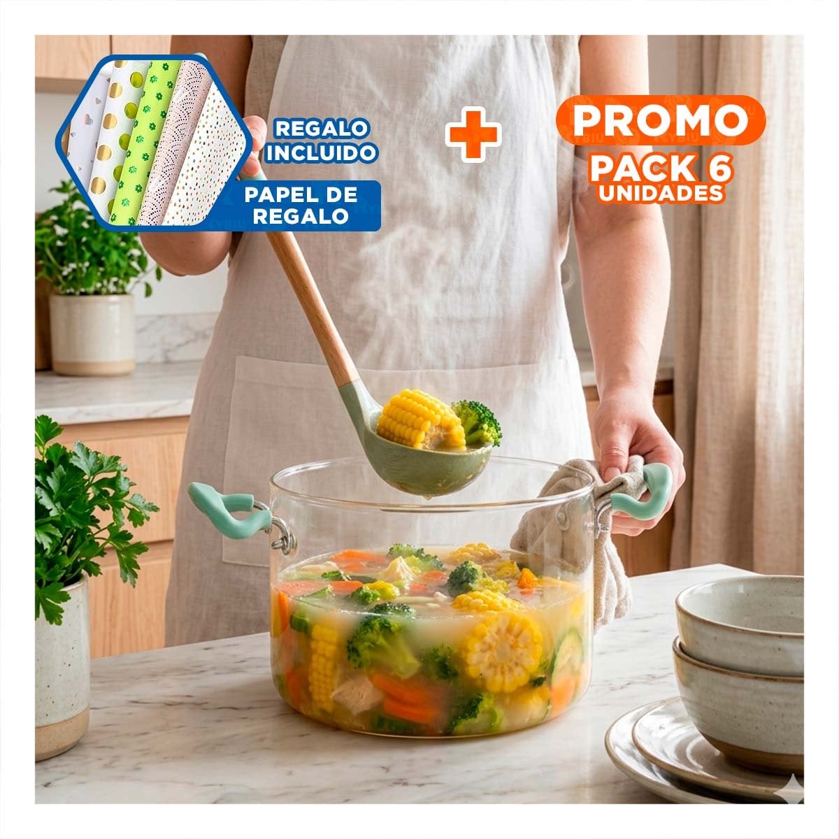 PACK6 CACEROLA CON ASA CIRCULAR Y BOROSILICATO VERDE AGUA Y TRANSPARENTE 4,5L YPAPEL REGALO - 1