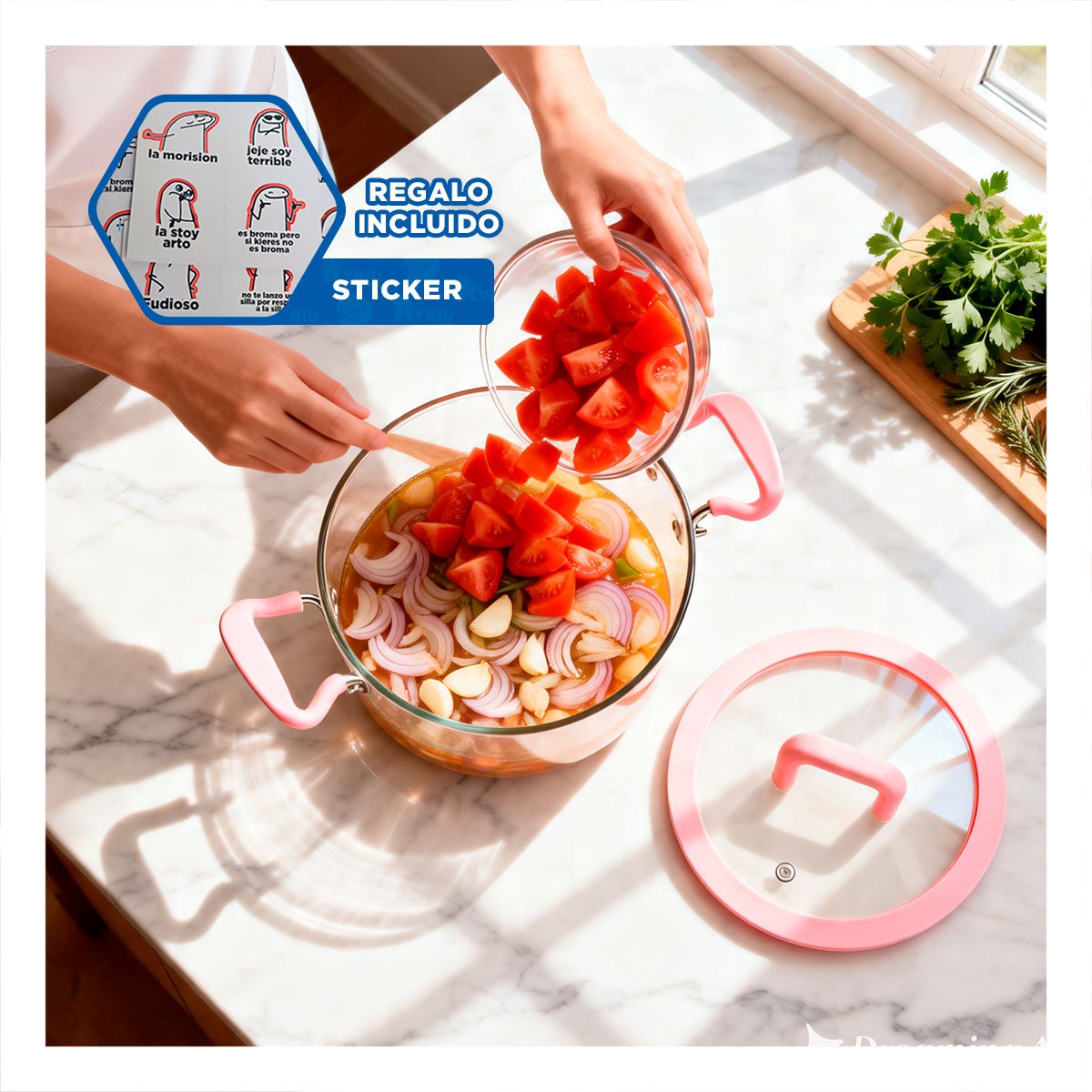 CAZUELA DE BOROSILICATO CON ASA CIRCULAR 4,5L Y TAPA ROSADO Y TRANSPARENTE Y REGALO STICKER - 1
