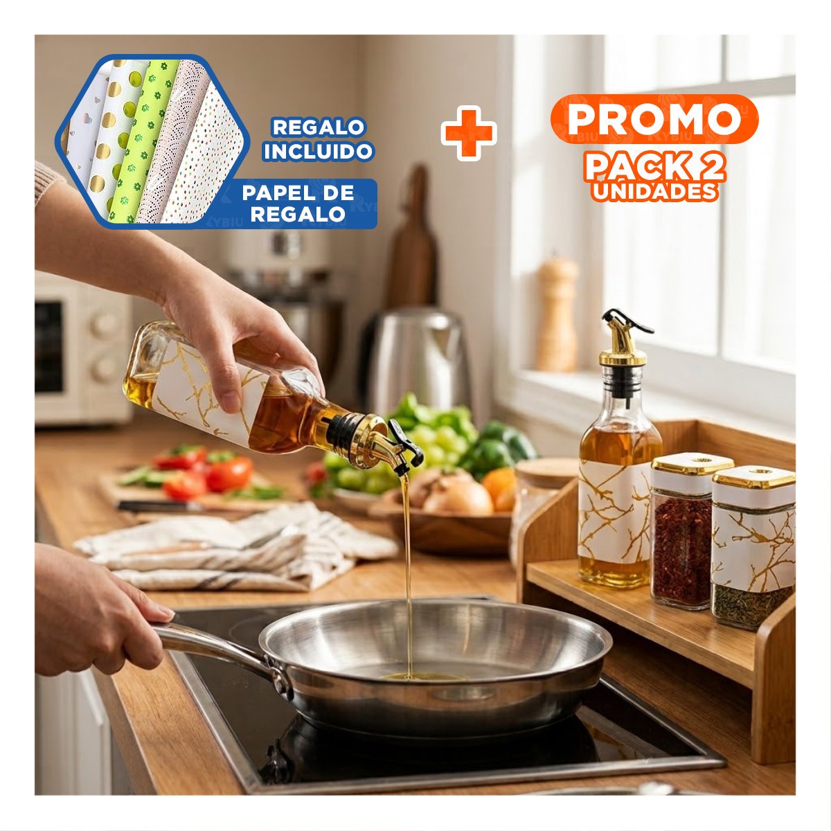 PACK2 PACK FRASCOS CONDIMENTEROS CON BASE DIS MARMOL BLANCO PARA COCINA YPAPEL REGALO - 1