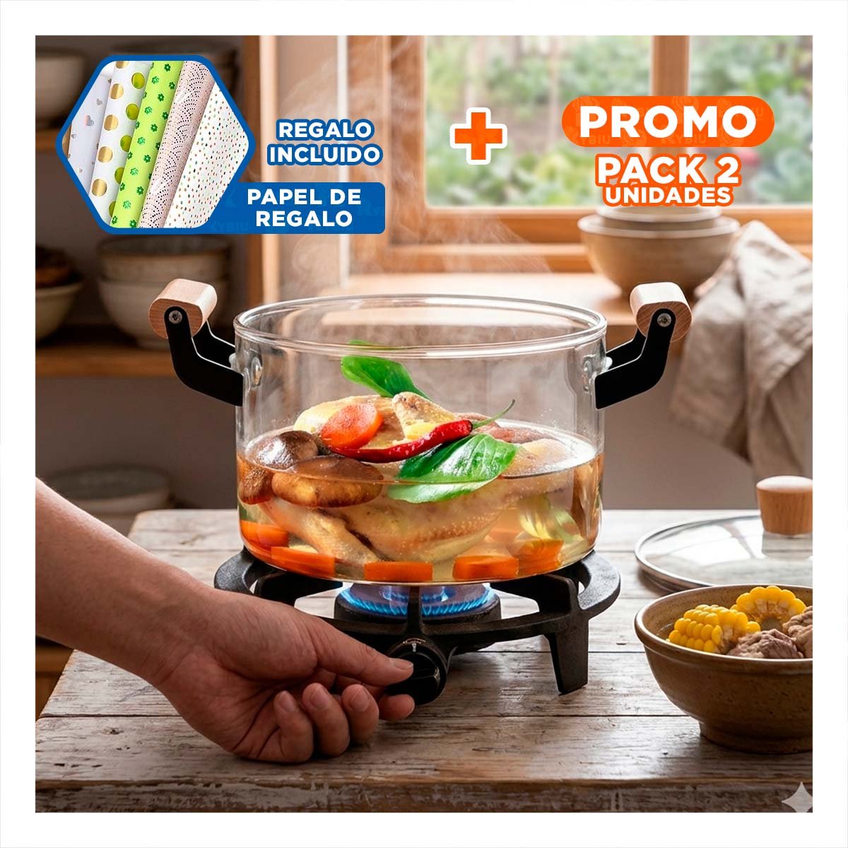 PACK2 CAZUELA PARA COCINA CON TAPA TRANSPARENTE ASA DE MADERA Y BOROSILICATO 4,5L YPAPEL REGALO - 1
