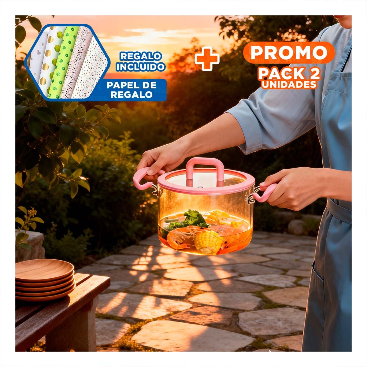 PACK2 CAZUELA PARA COCINA CON TAPA ROSADO Y TRANSPARENTE ASA Y BOROSILICATO 4,5L YPAPEL REGALO - 1