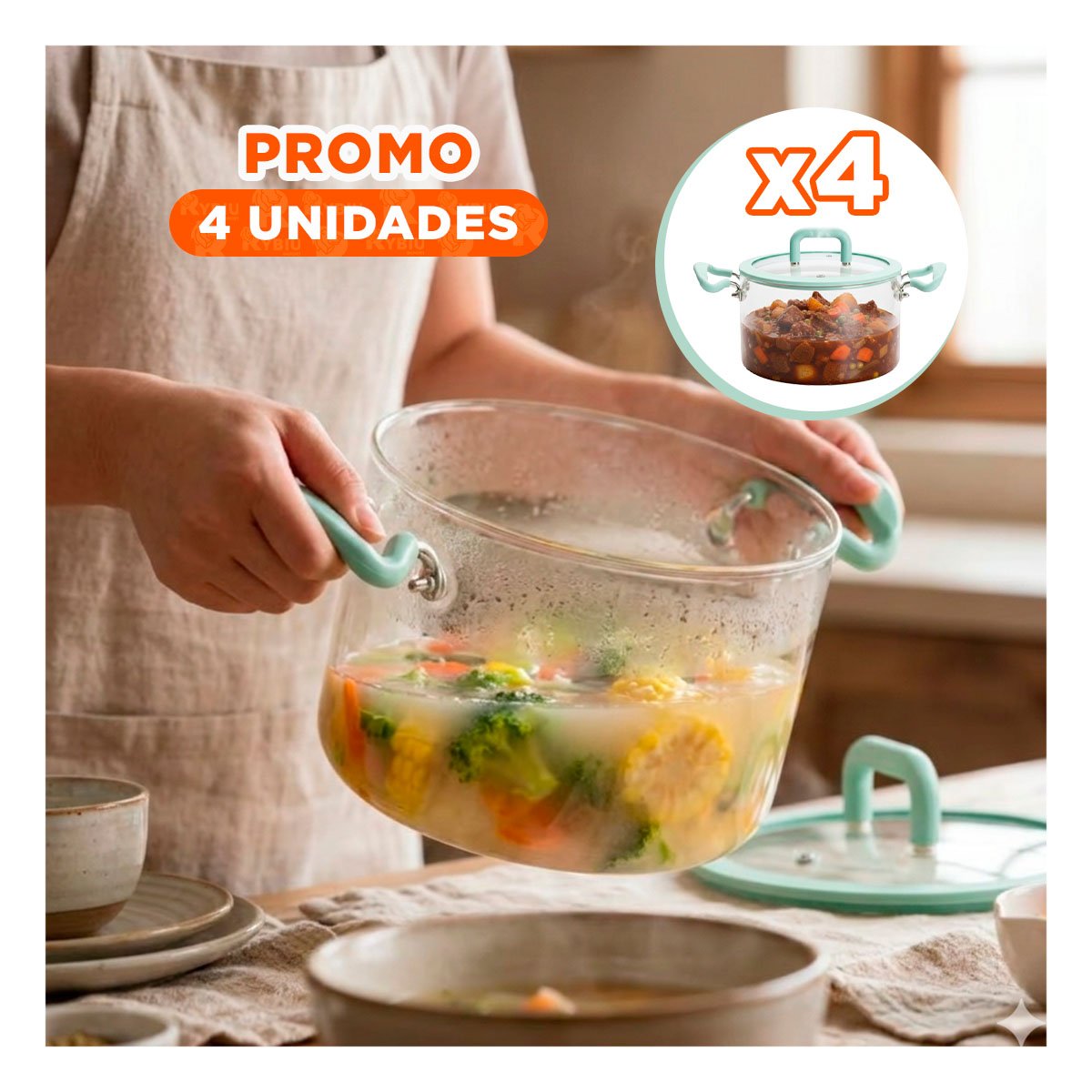 PACK4 OLLA CON TAPA CIRCULAR 4,5L DE BOROSILICATO ASA Y CUERPO VERDE AGUA Y TRANSPARENTE - 1