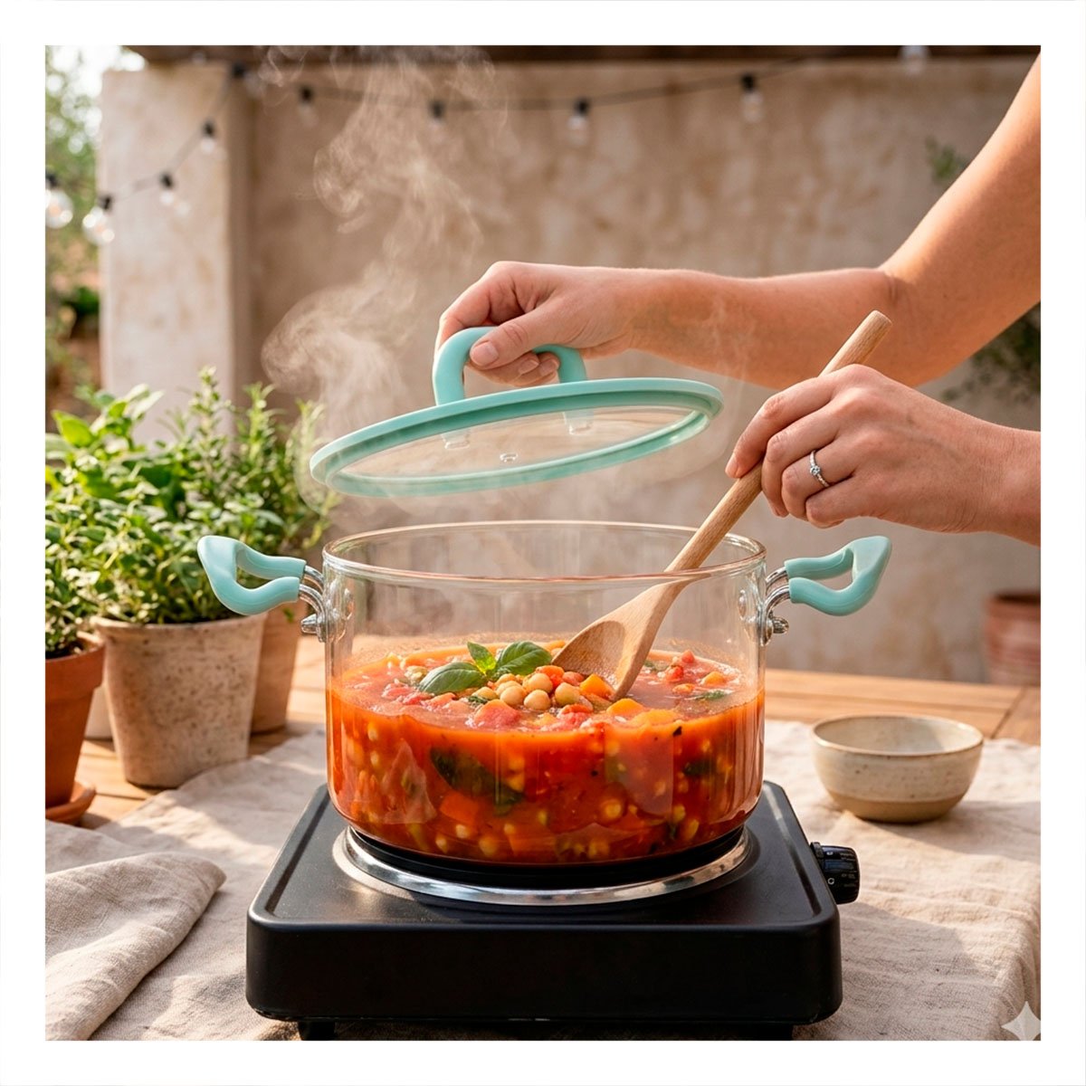 CACEROLA CON CUERPO VERDE AGUA Y TRANSPARENTE 4,5L ASA Y TAPA DE BOROSILICATO Y PAPEL REGALO - 2